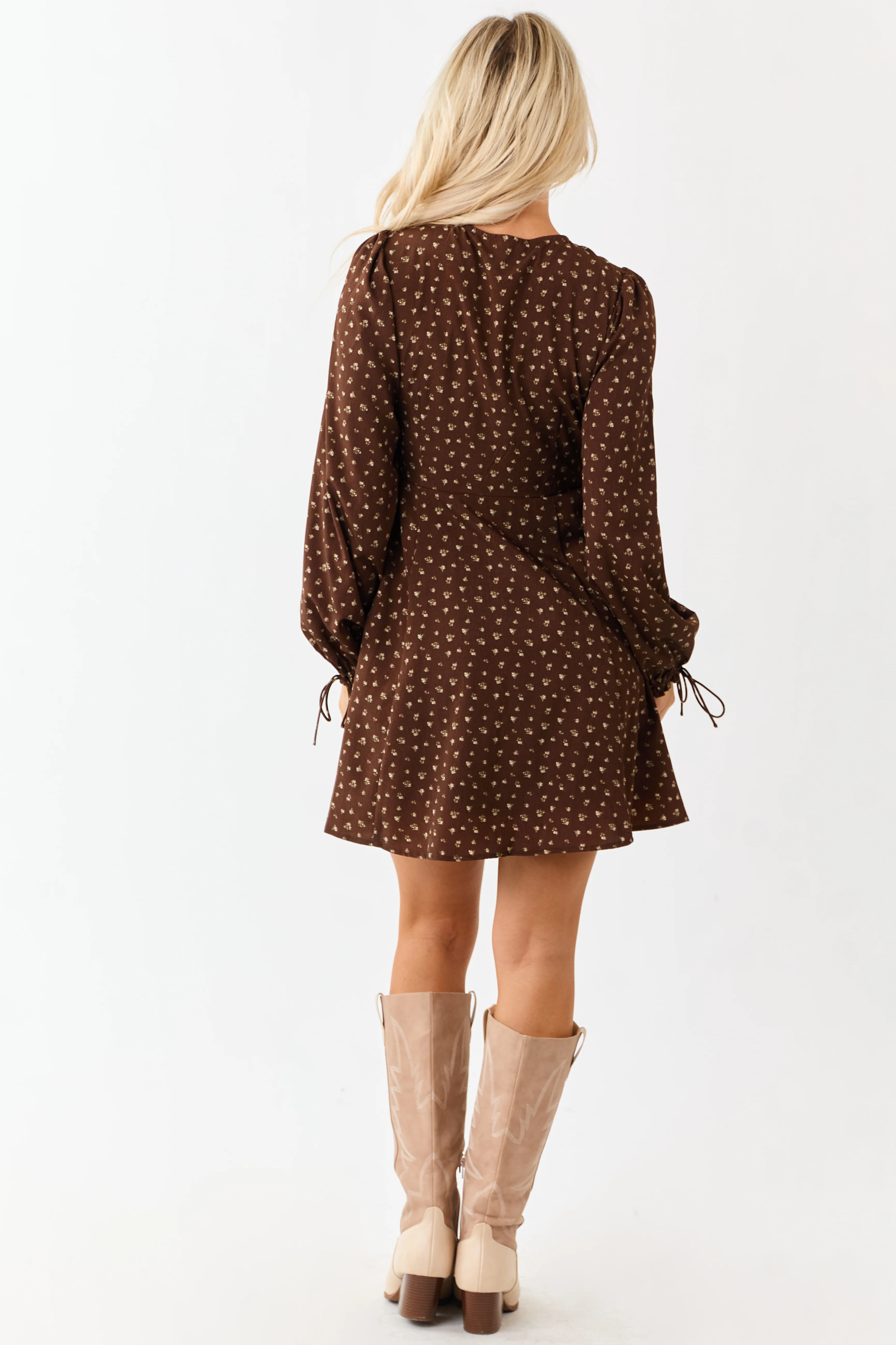 Sepia Ditsy Floral Print Puff Sleeve Mini Dress - Image 7