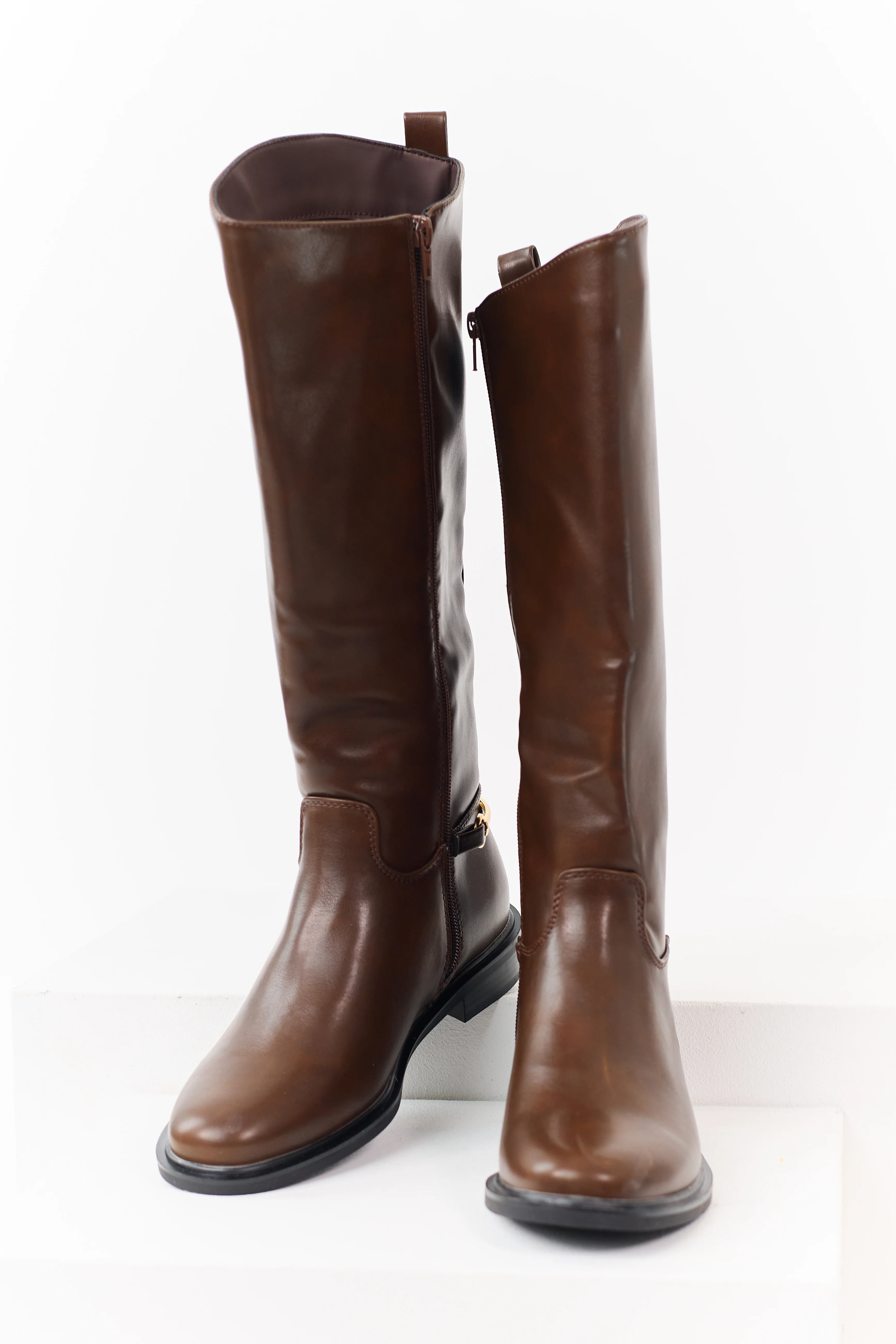 Sepia Faux Leather Horsebit Detail Tall Riding Boots - Image 2