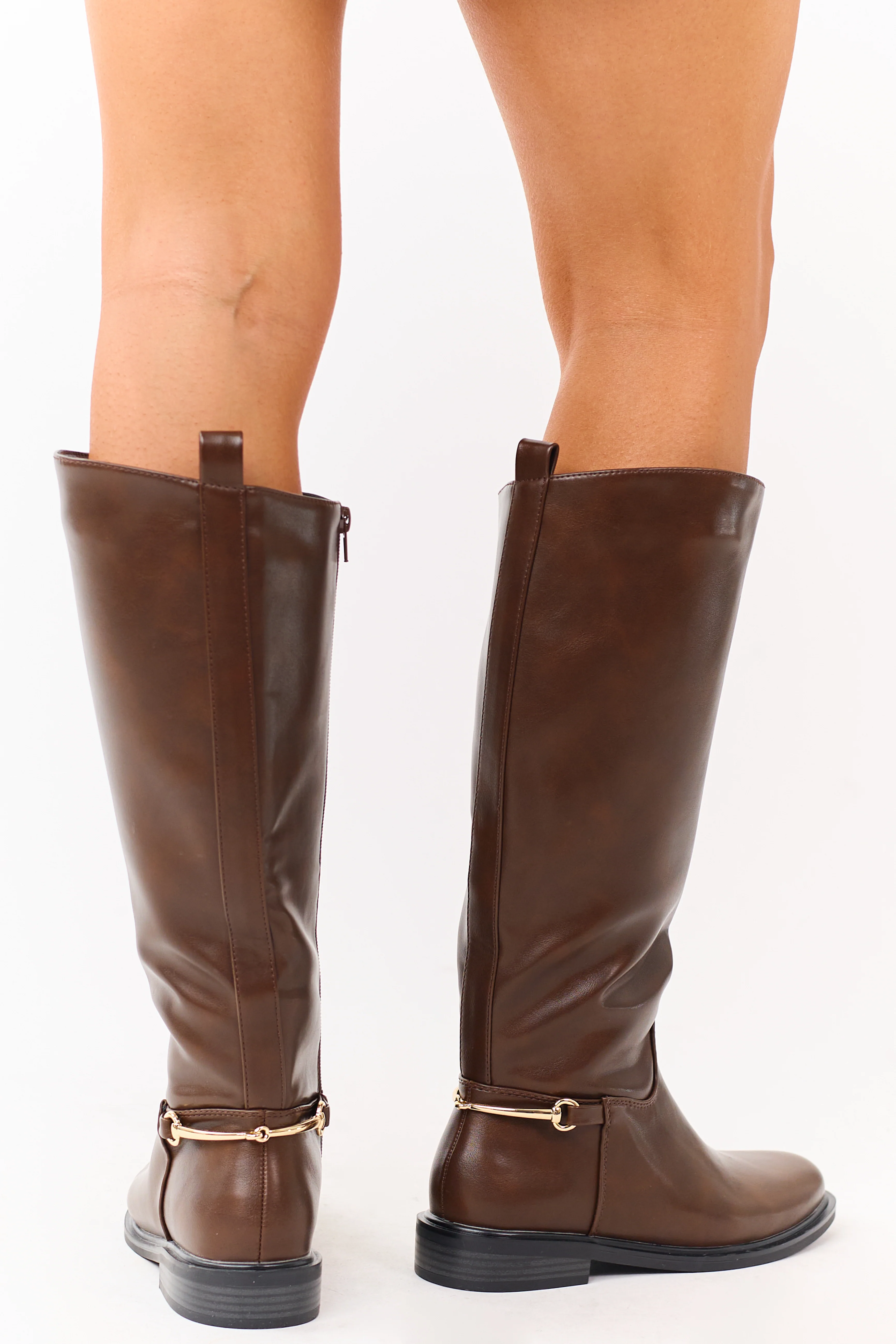 Sepia Faux Leather Horsebit Detail Tall Riding Boots - Image 6