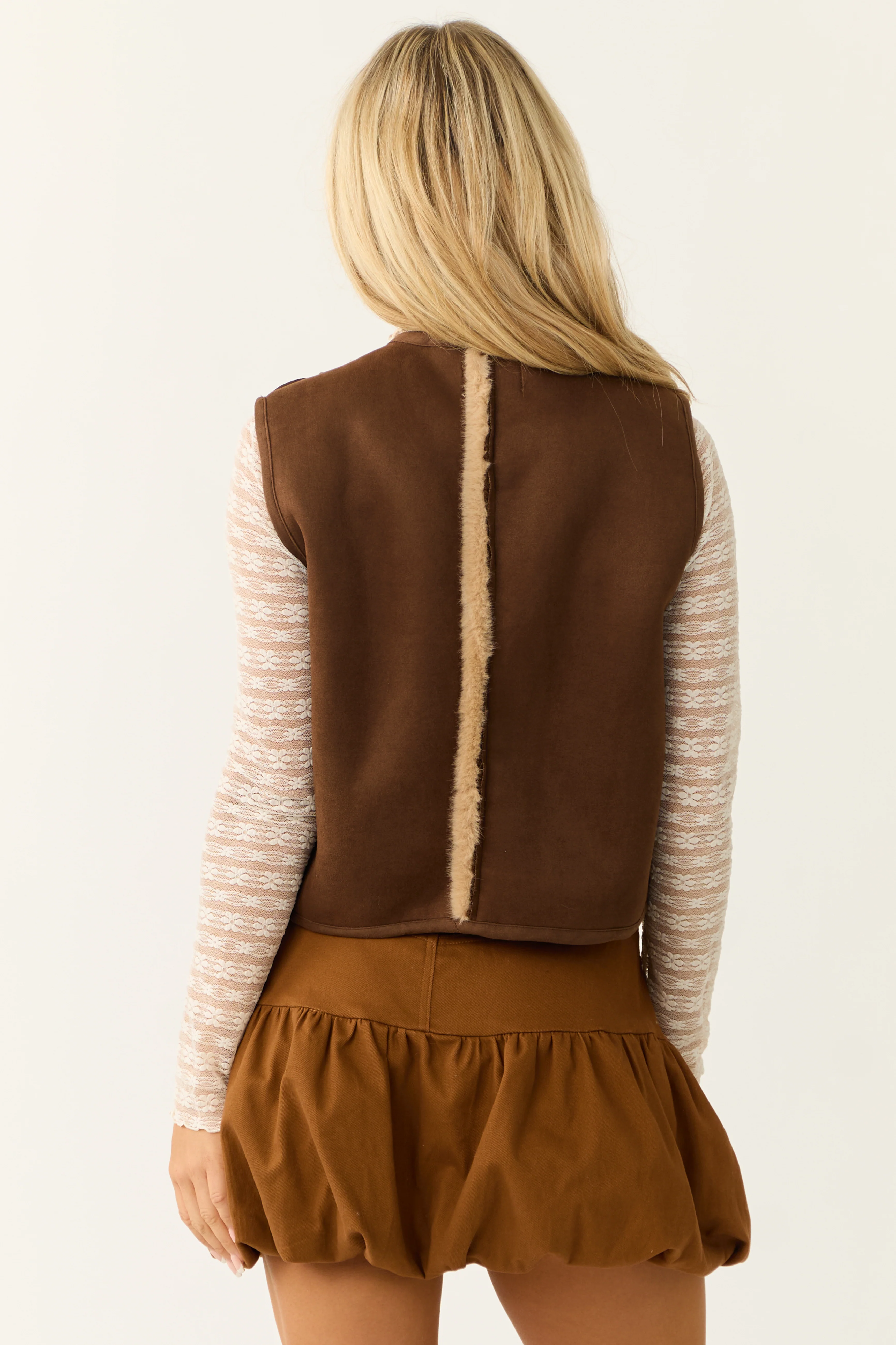 Sepia Faux Suede Fur Trim Thick Vest - Image 7