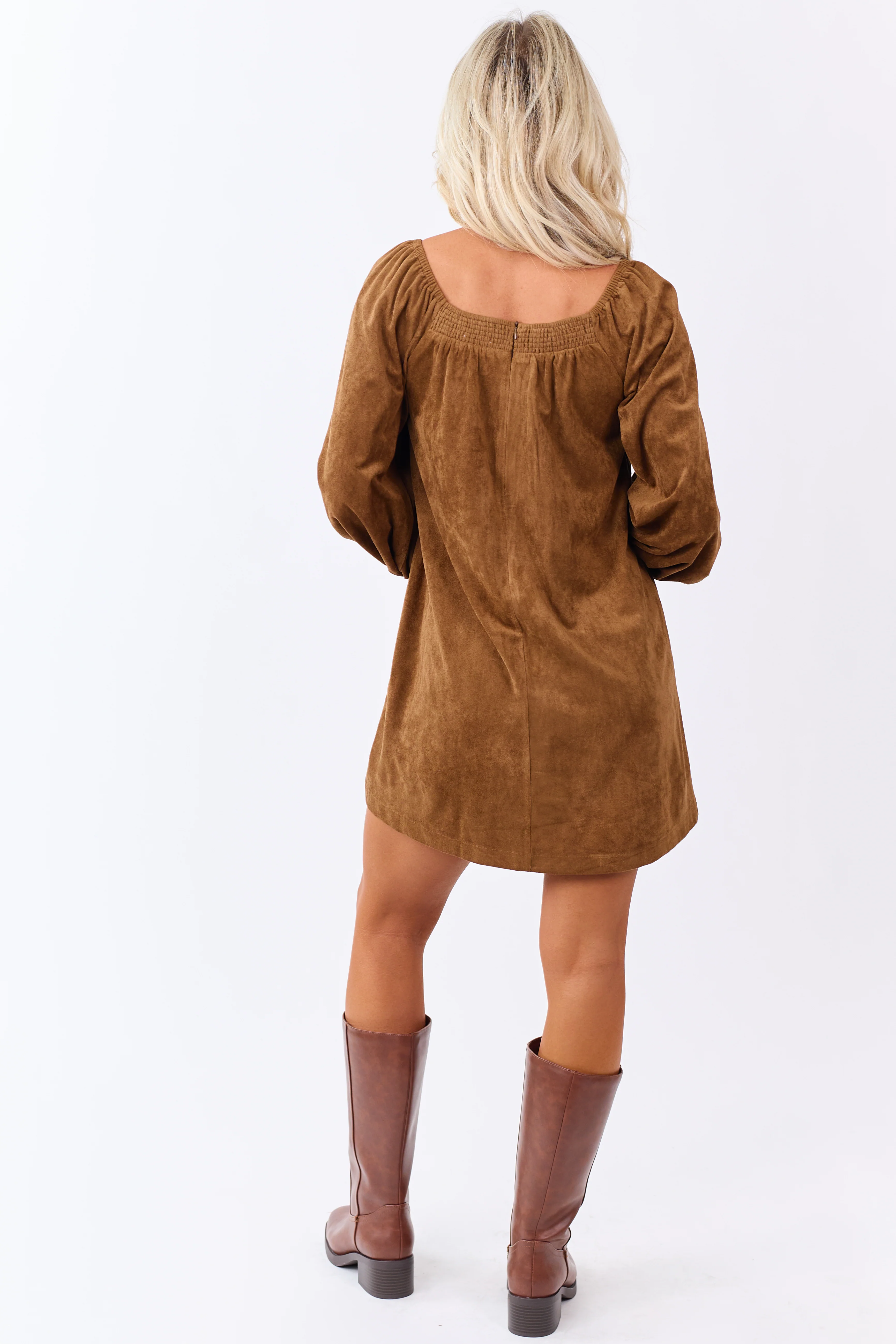 Sepia Faux Suede Puff Sleeve Square Neck Mini Dress - Image 5