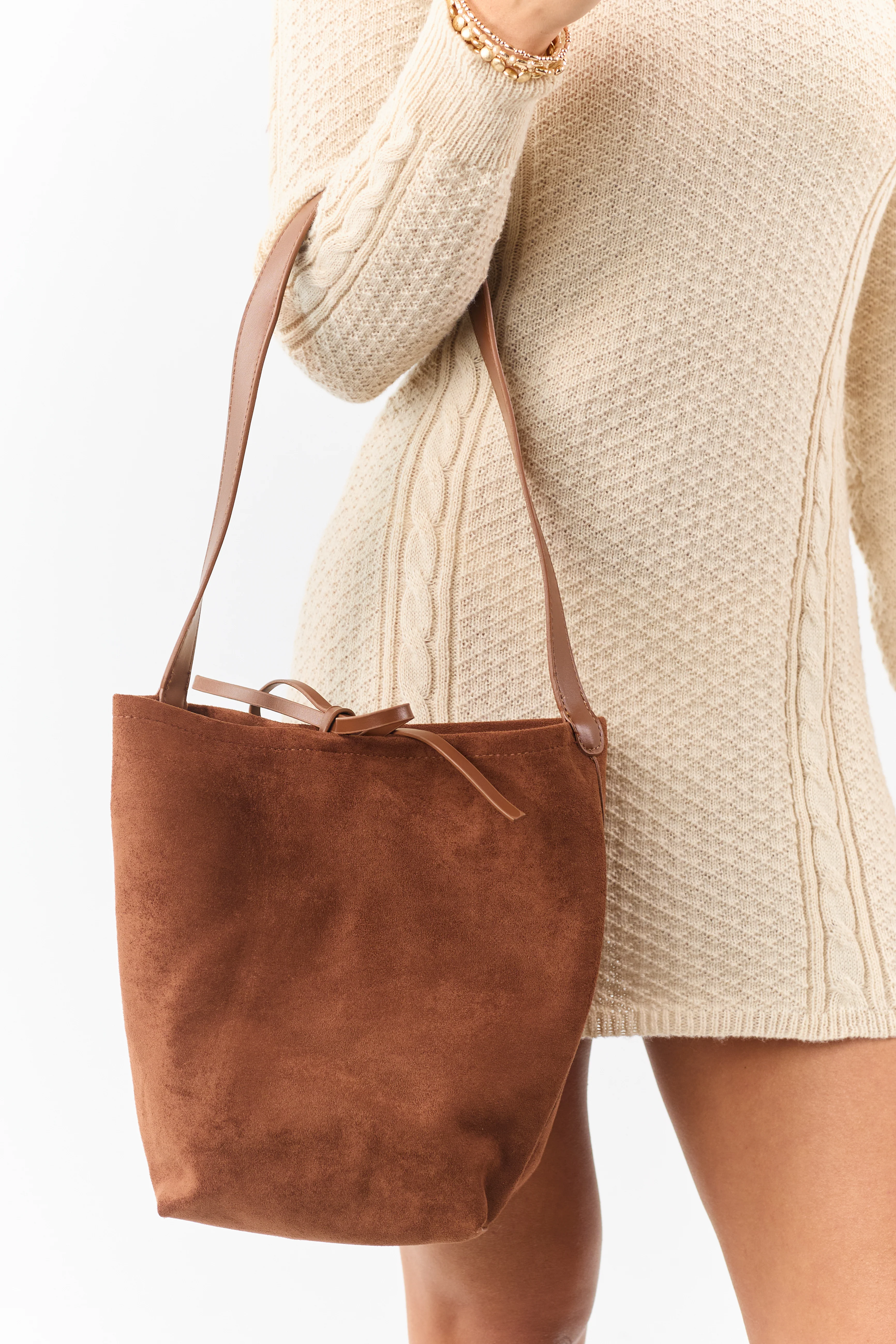 Sepia Faux Suede Tote Bag with Drawstring Pouch
