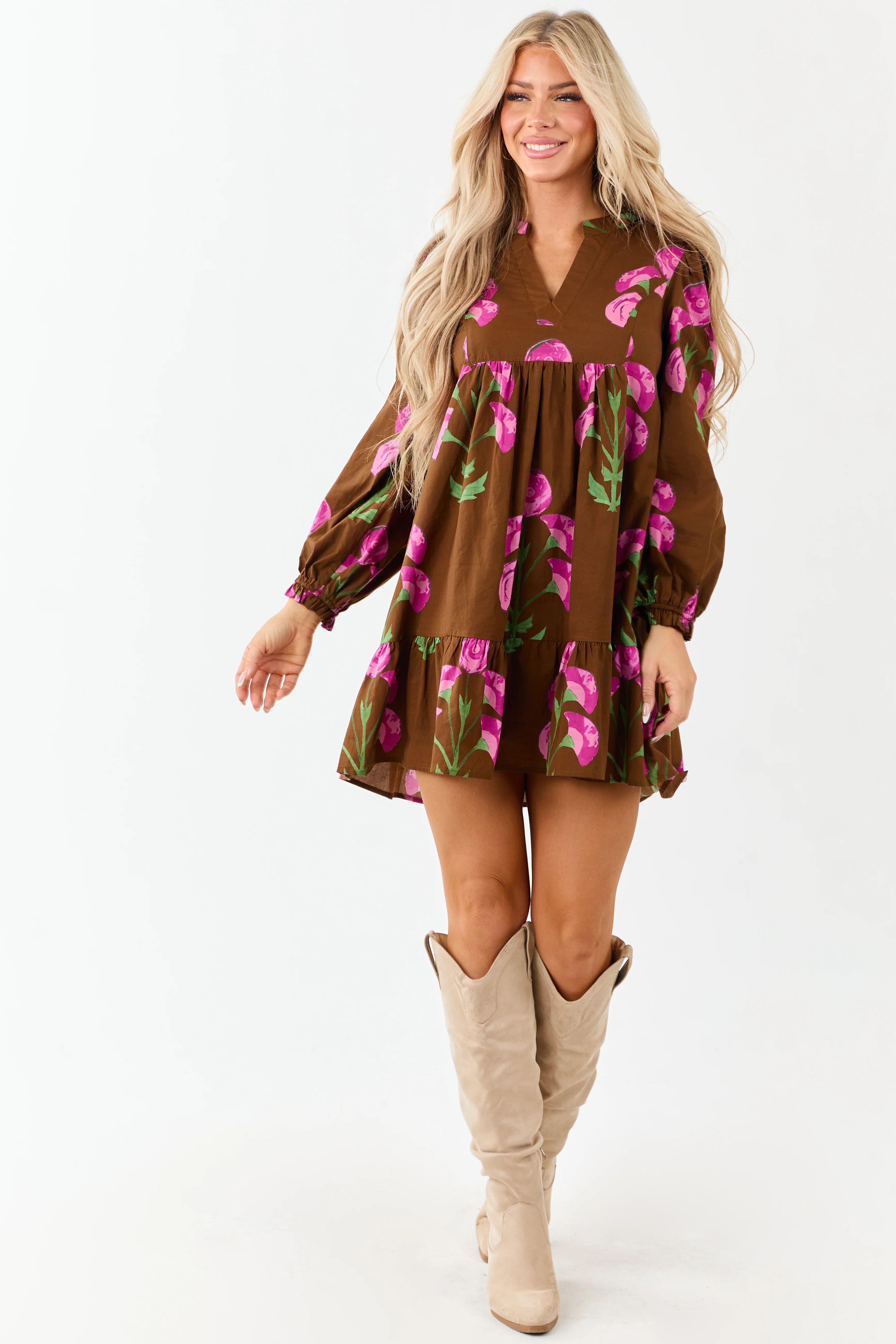 Sepia Floral Print Long Sleeve Cotton Mini Dress - Image 3