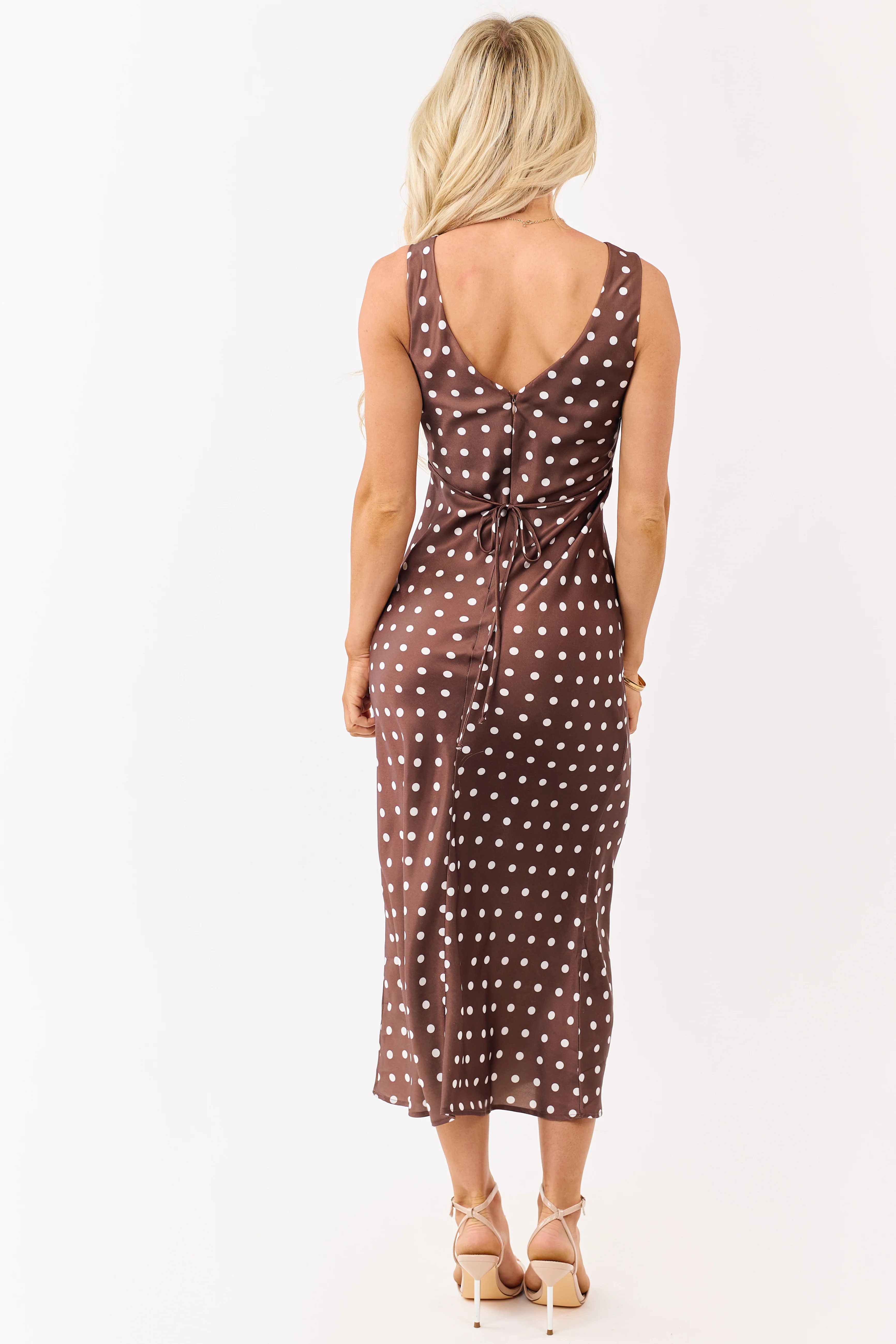 Sepia and Ivory Polka Dot Satin Midi Dress - Image 5