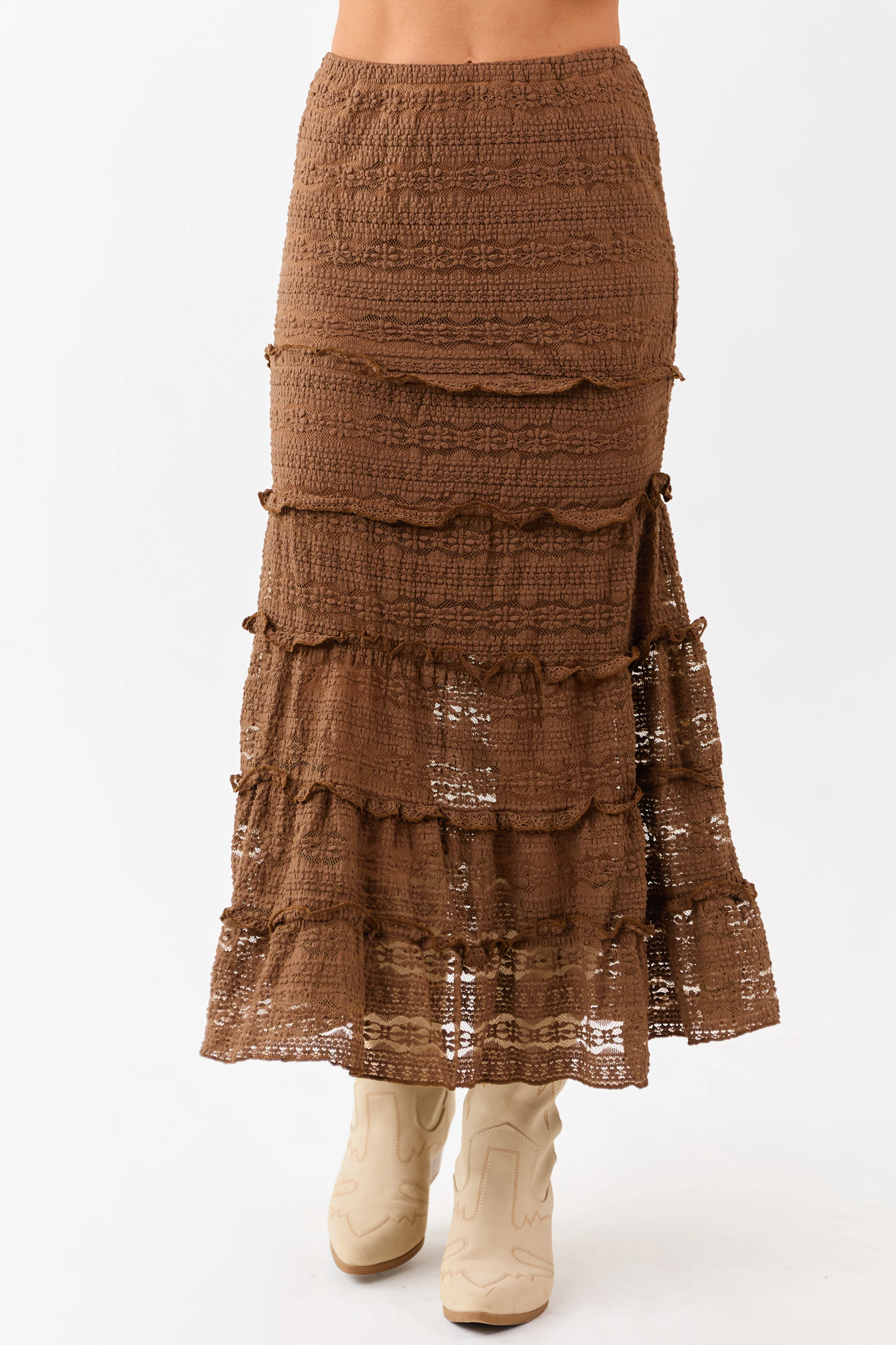 Sepia Lace Tiered Ruffle Trim Mermaid Midi Skirt - Image 2