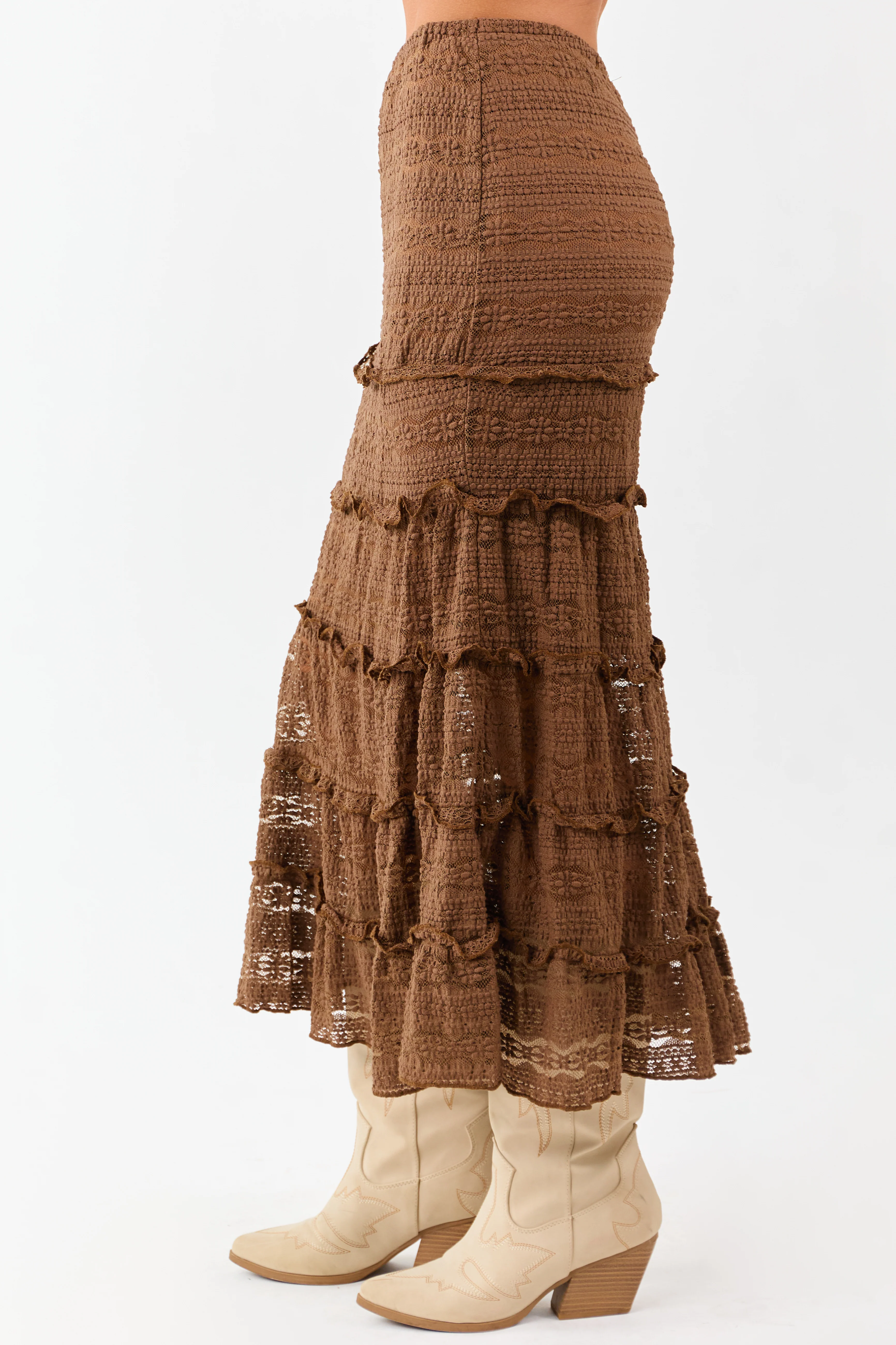 Sepia Lace Tiered Ruffle Trim Mermaid Midi Skirt - Image 3