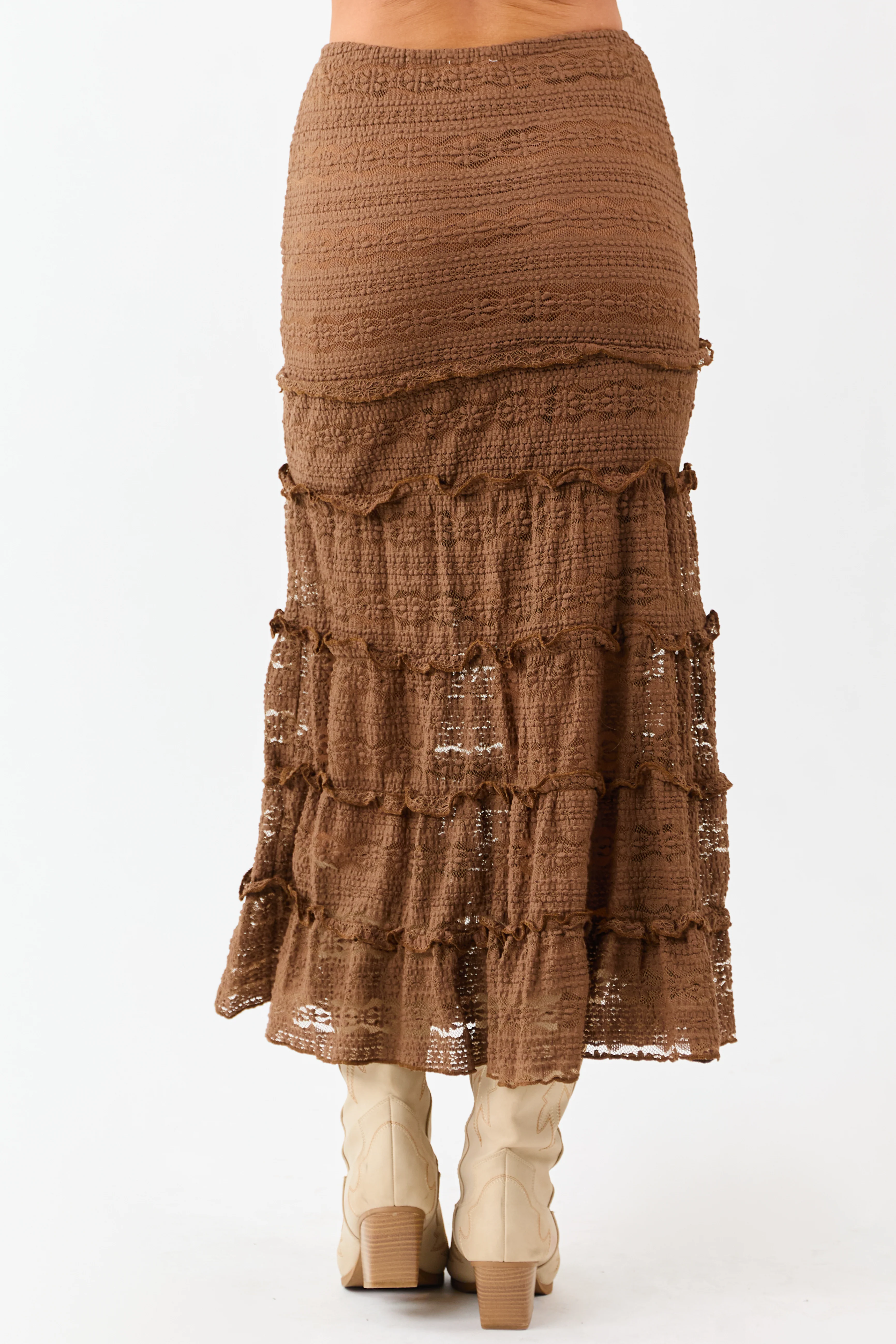 Sepia Lace Tiered Ruffle Trim Mermaid Midi Skirt - Image 4