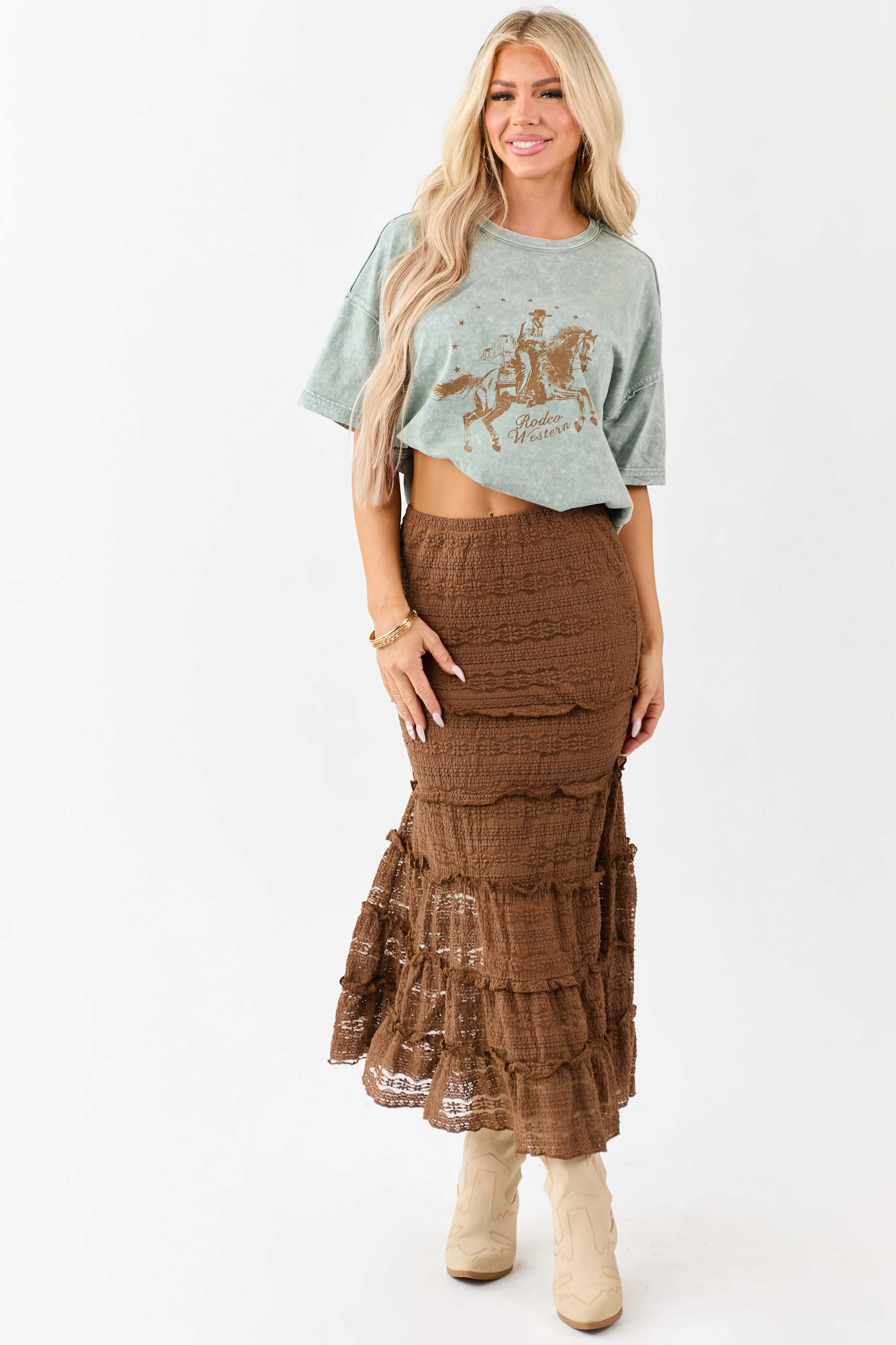 Sepia Lace Tiered Ruffle Trim Mermaid Midi Skirt - Image 5