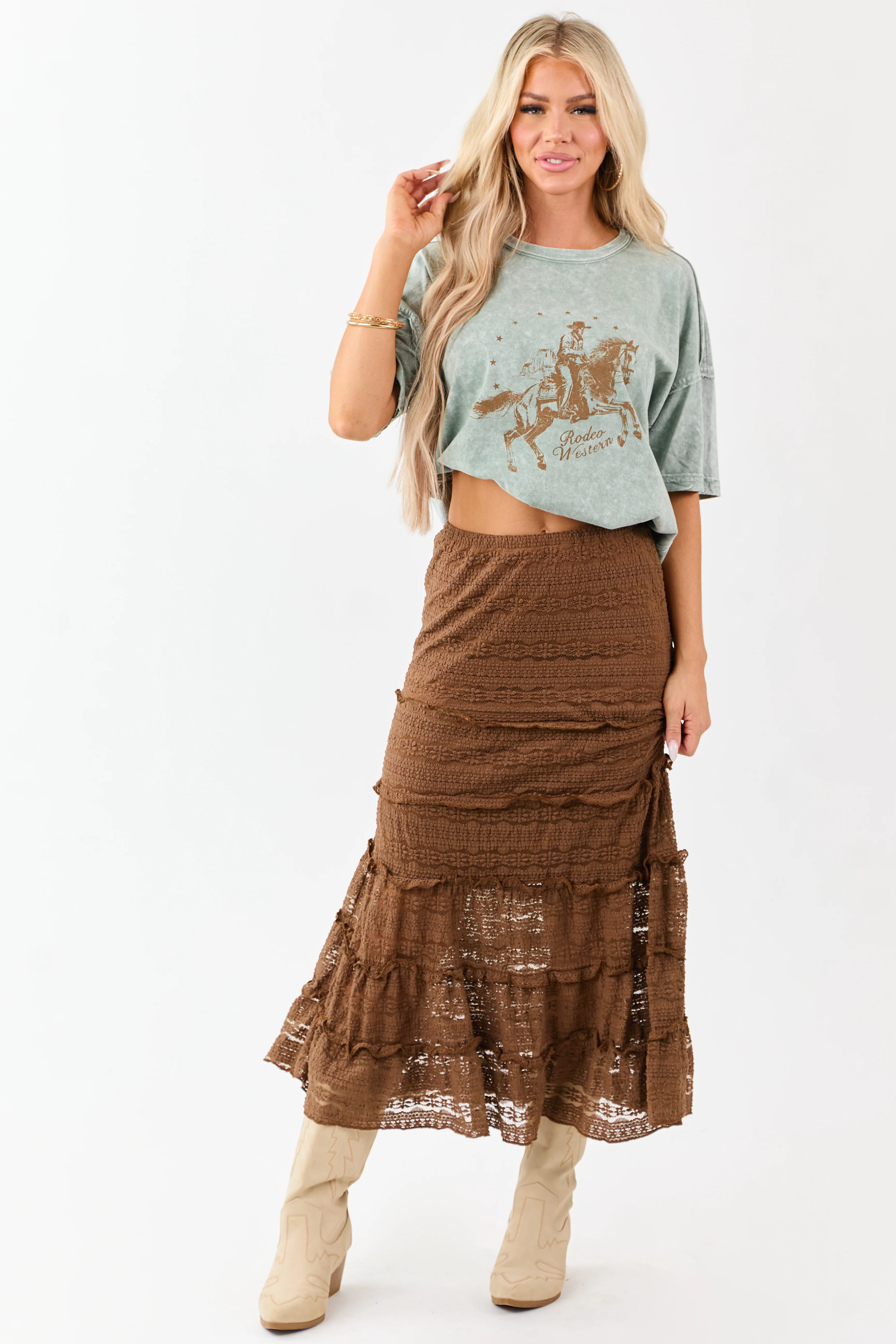 Sepia Lace Tiered Ruffle Trim Mermaid Midi Skirt - Image 6