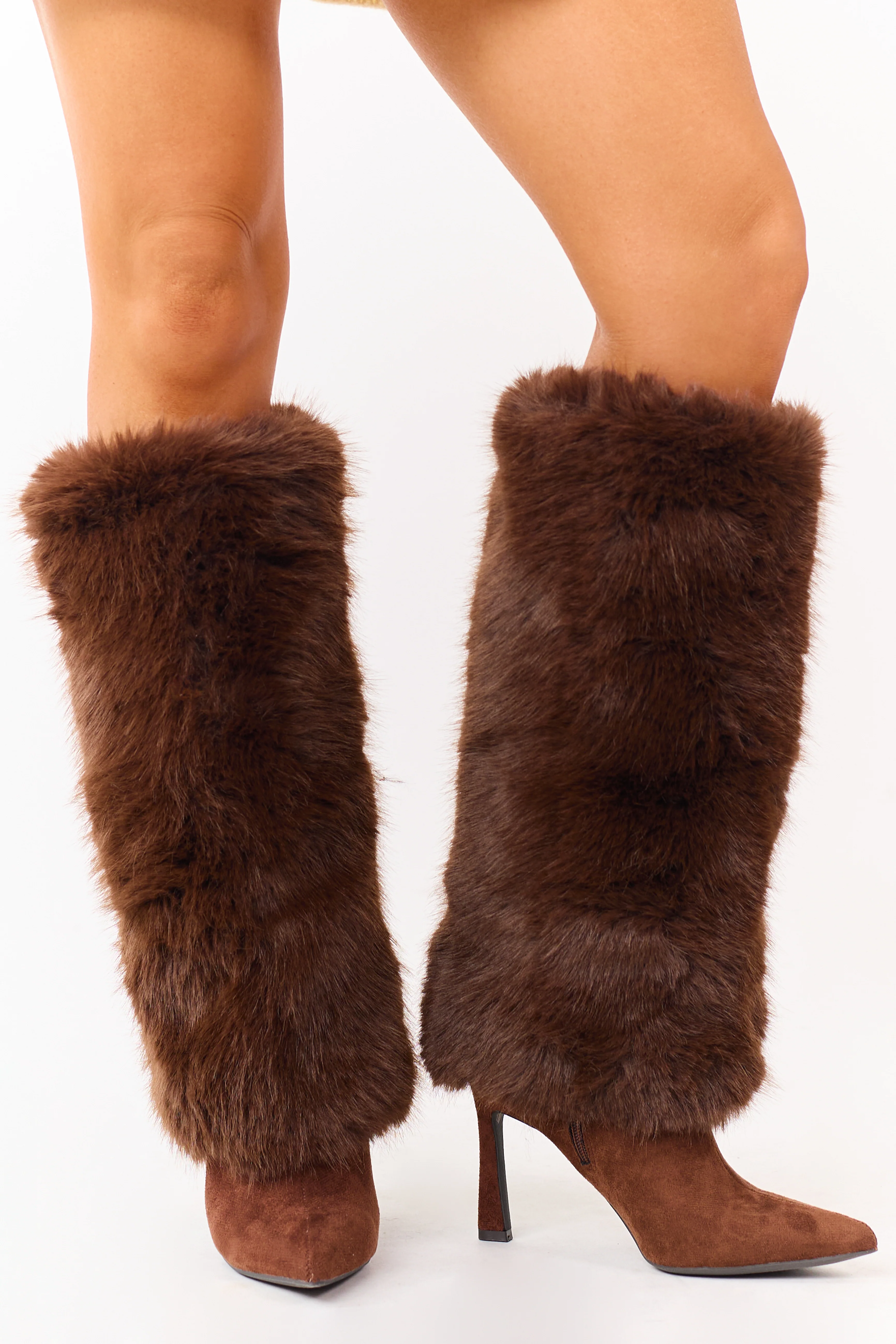 Sepia Microsuede Faux Fur Overlay Stiletto Boots - Image 5