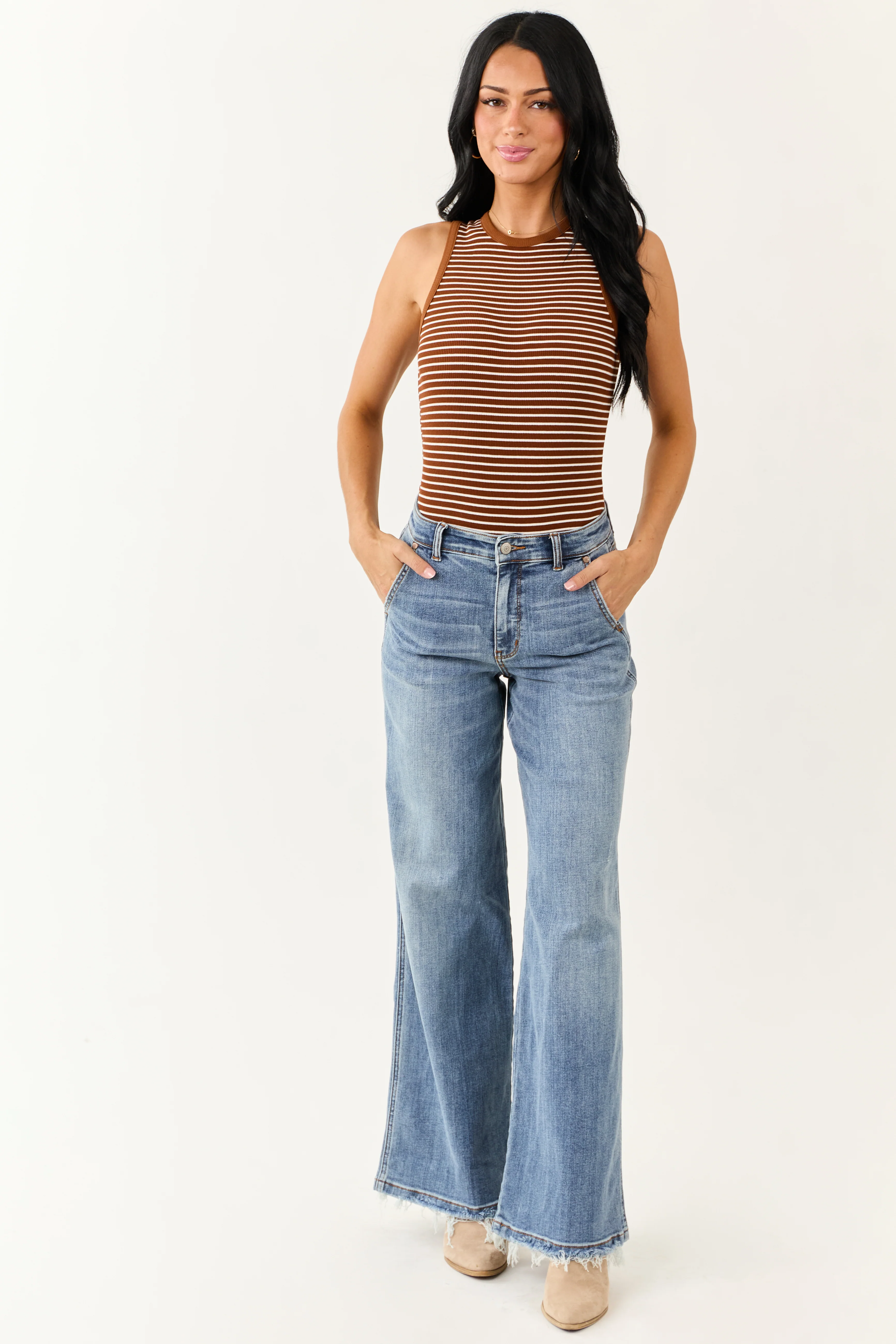 Sepia and Off White Striped Knit Tank Bodysuit - Image 2