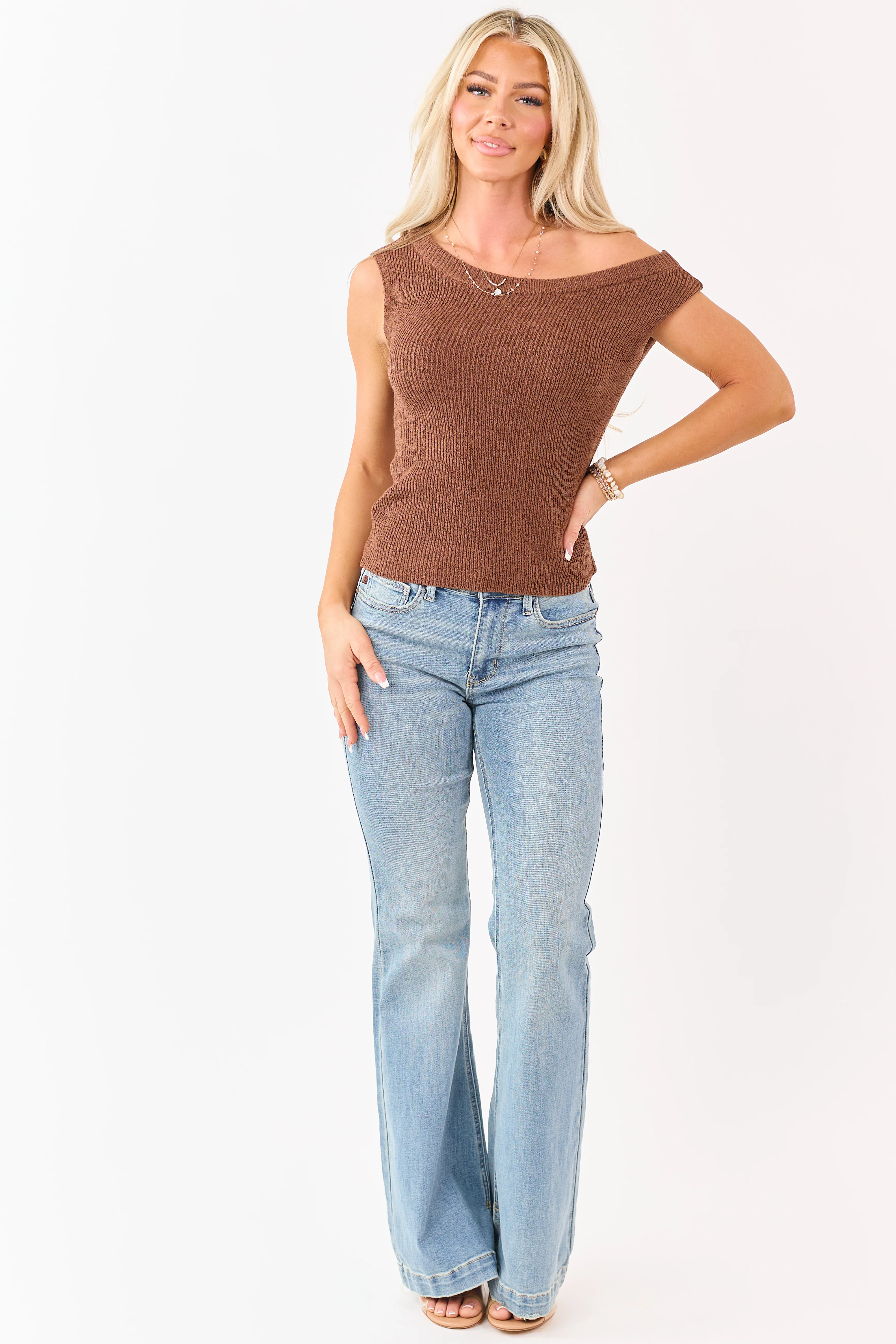 Sepia Rib Knit One Shoulder Sweater Tank Top - Image 3