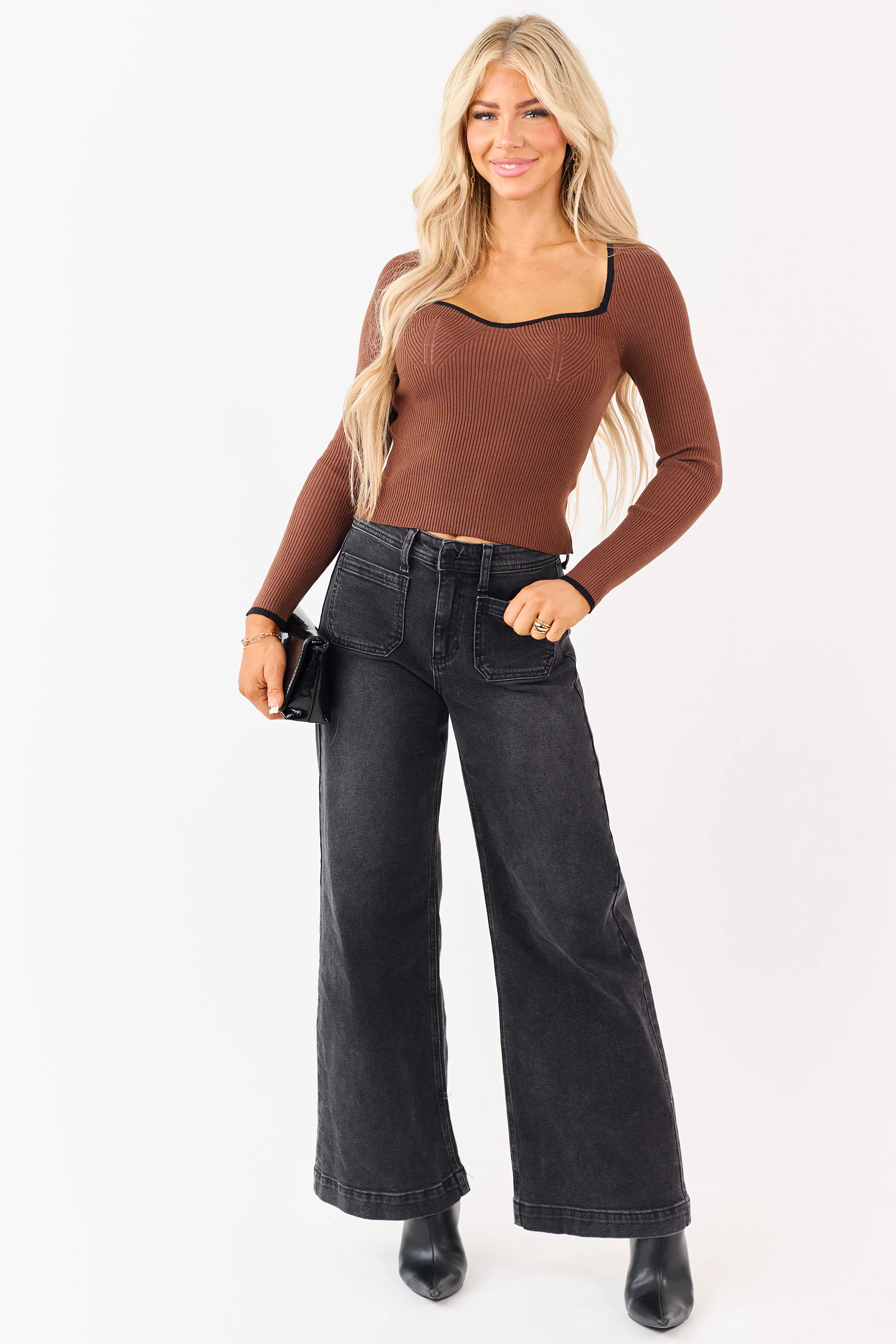 Sepia Sweetheart Neck Contrast Trim Fitted Knit Top - Image 2