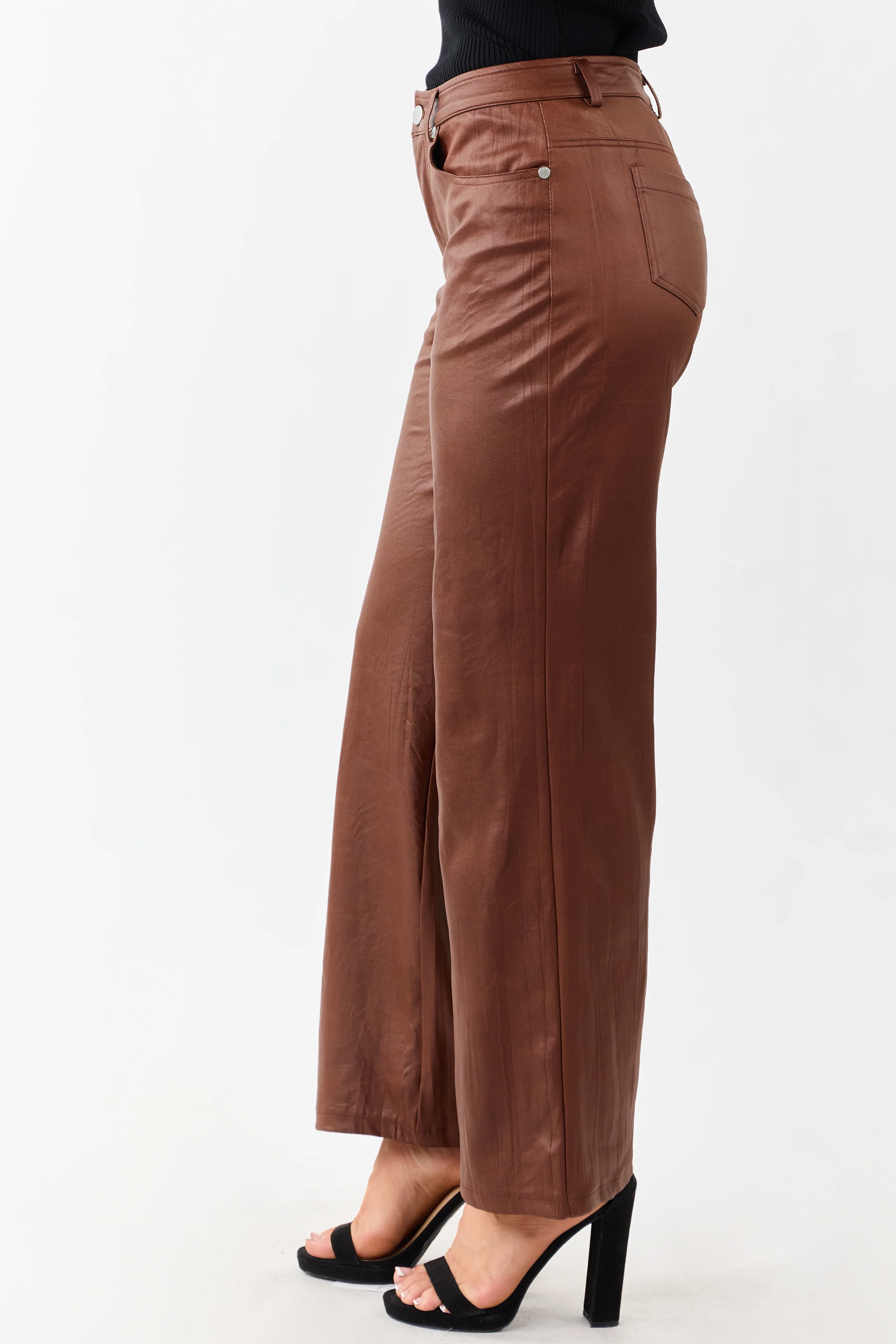 Sepia Textured Faux Leather Wide Leg Pants - Image 3