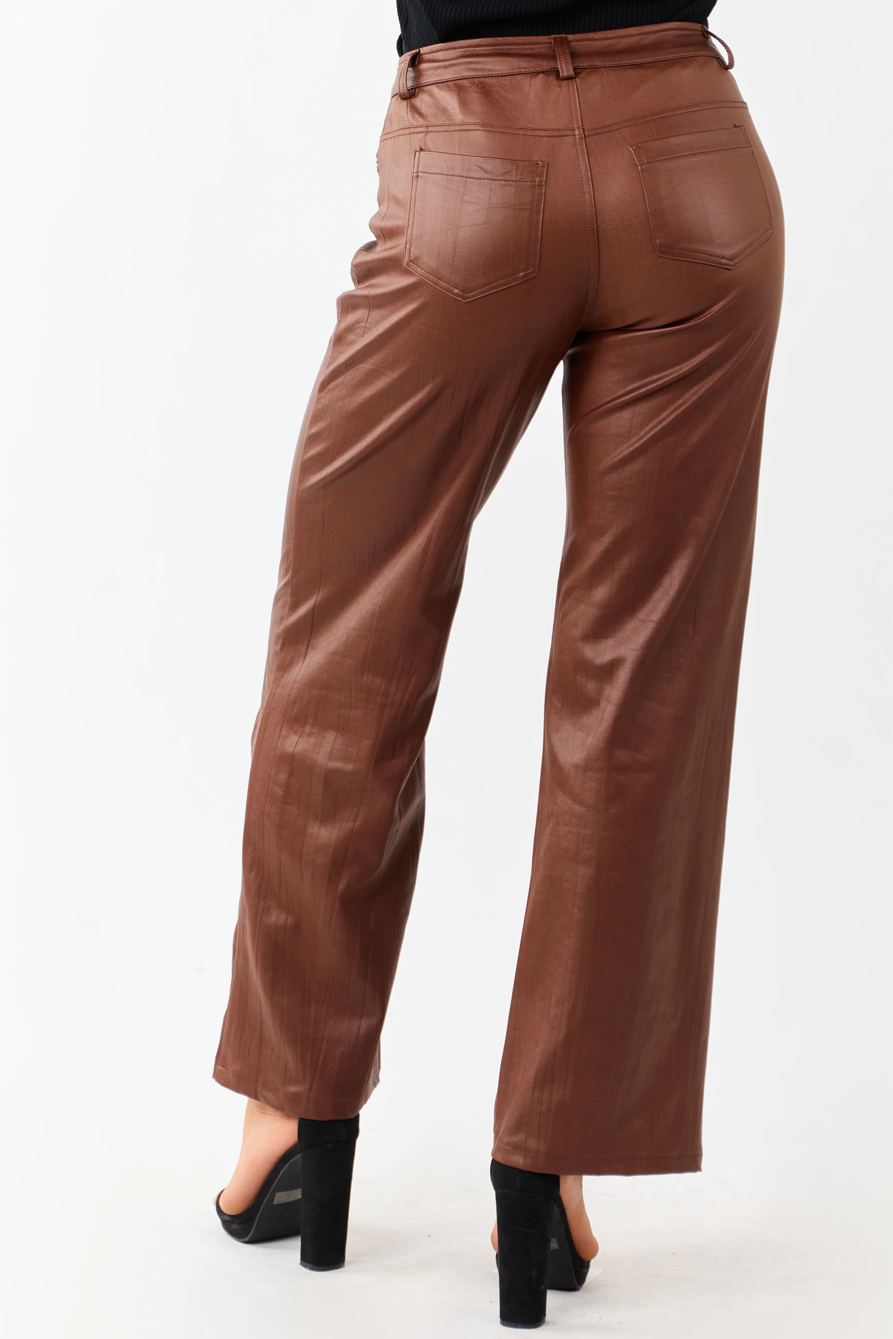 Sepia Textured Faux Leather Wide Leg Pants - Image 4