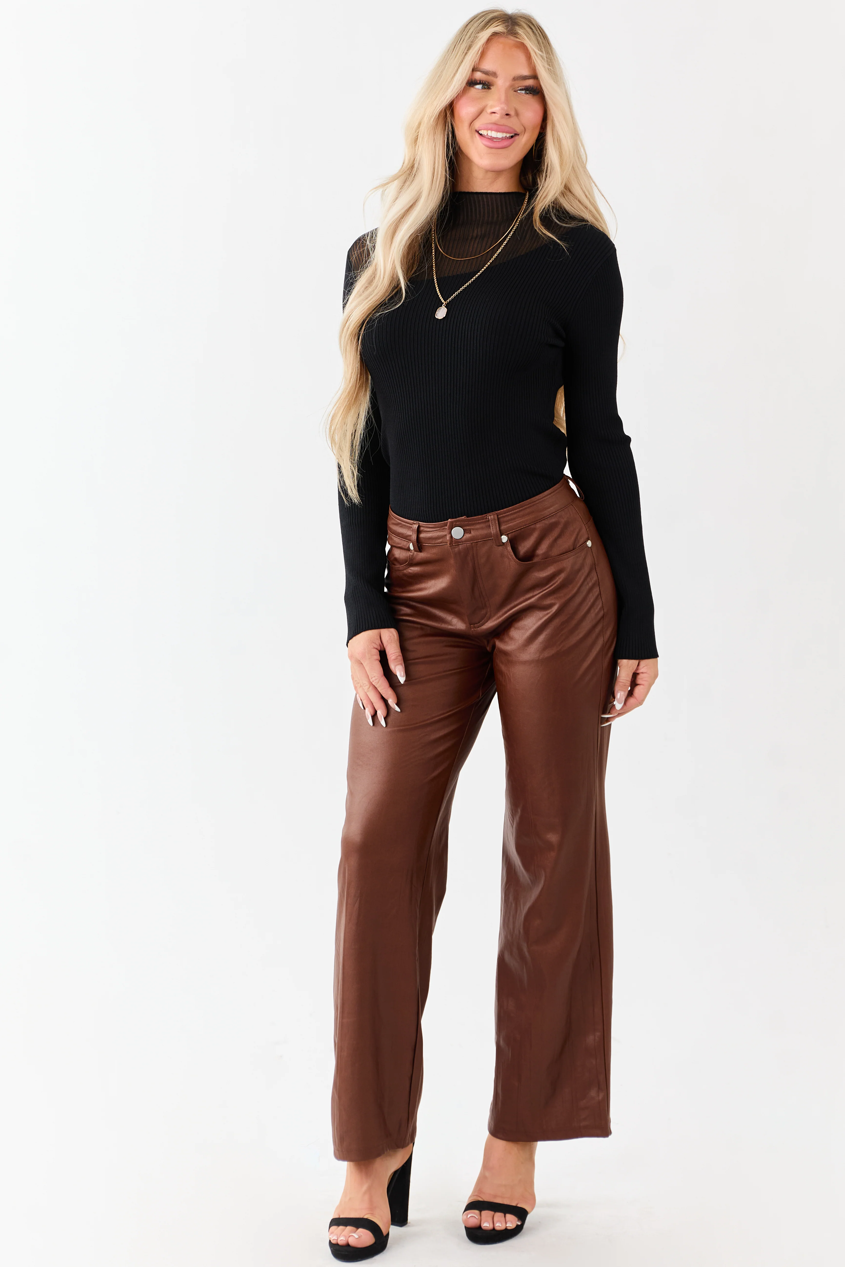 Sepia Textured Faux Leather Wide Leg Pants - Image 5