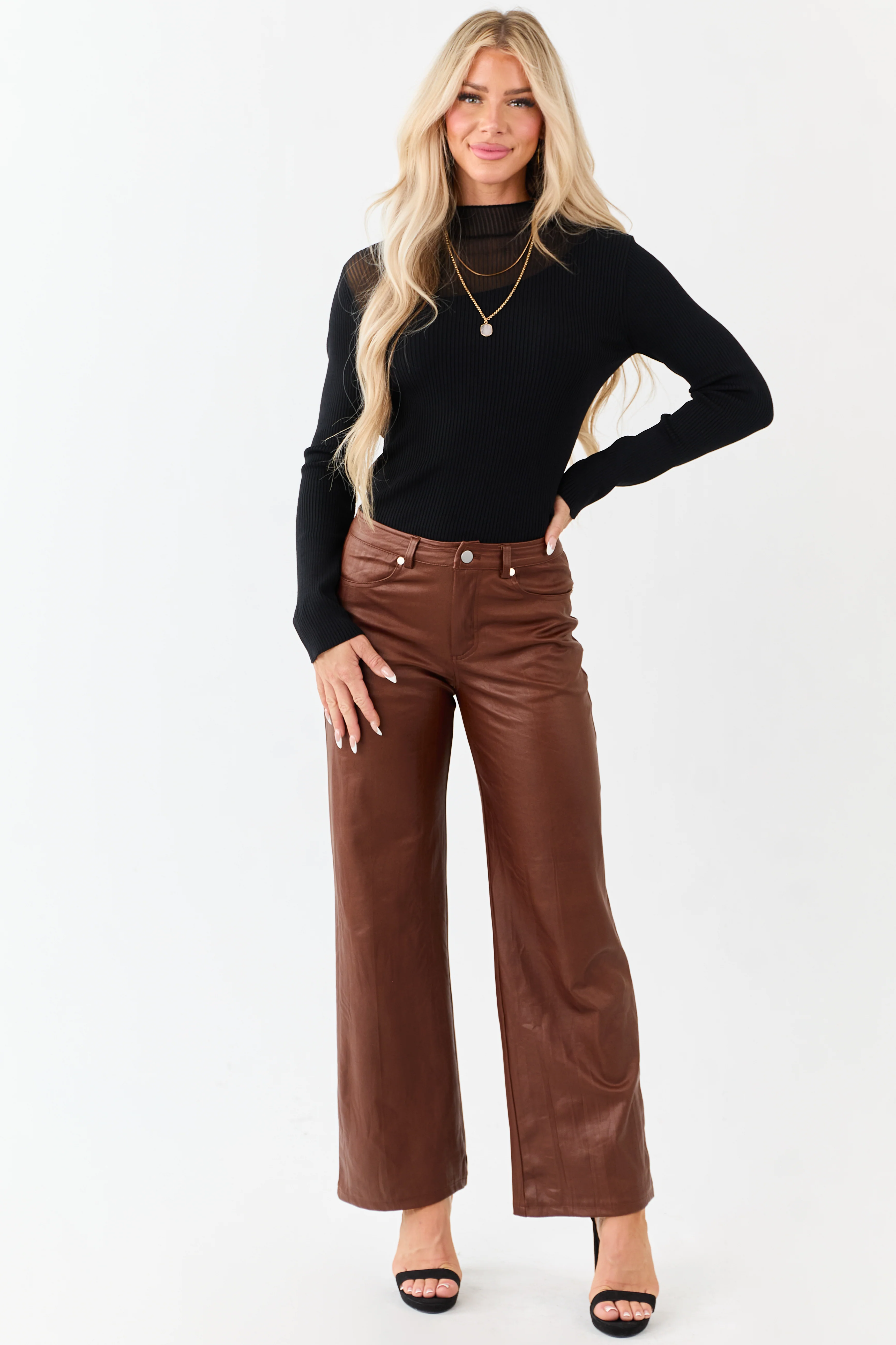 Sepia Textured Faux Leather Wide Leg Pants - Image 6