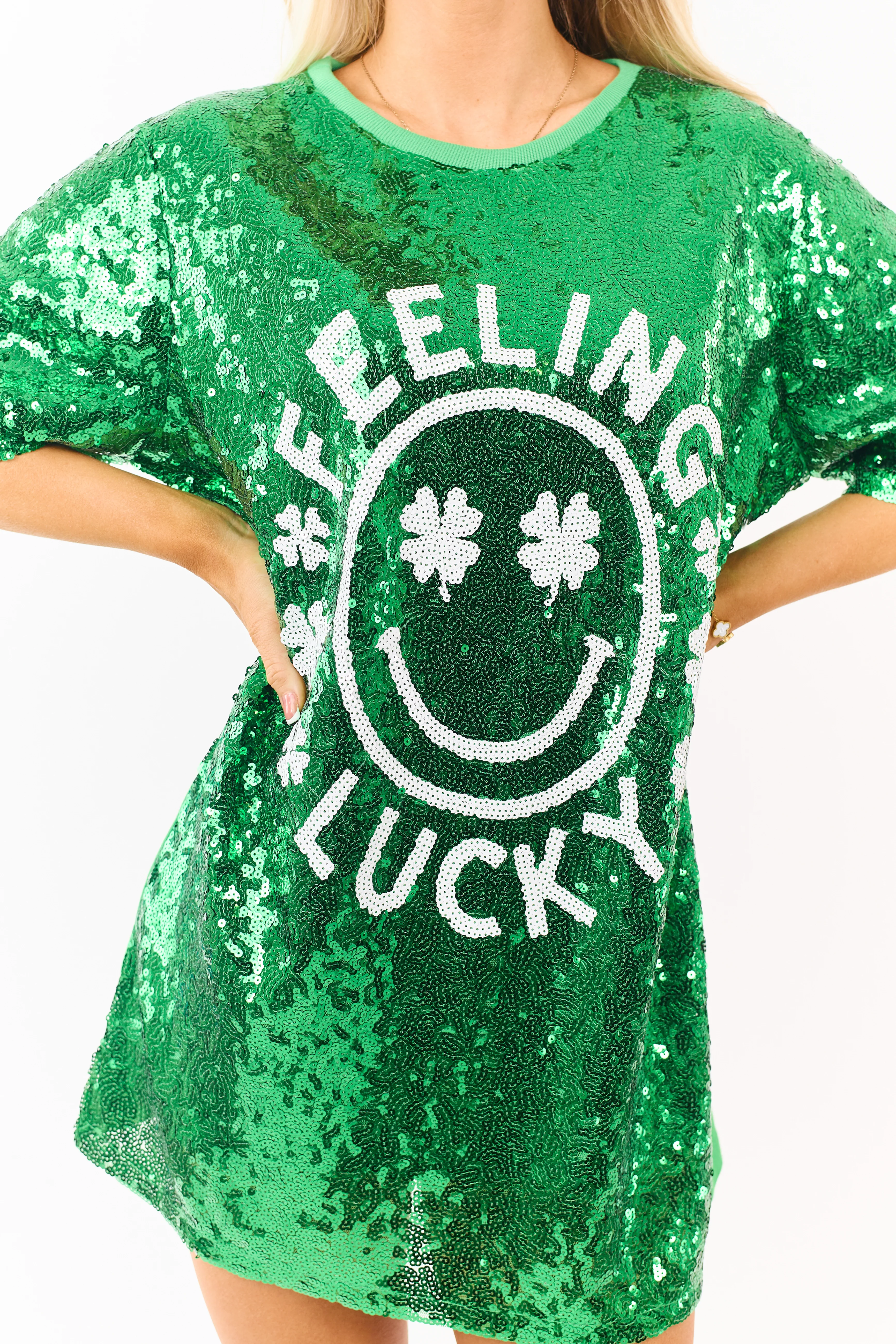 Shamrock 'Feeling Lucky' Graphic Sequin Tee Shirt Dress - Image 2