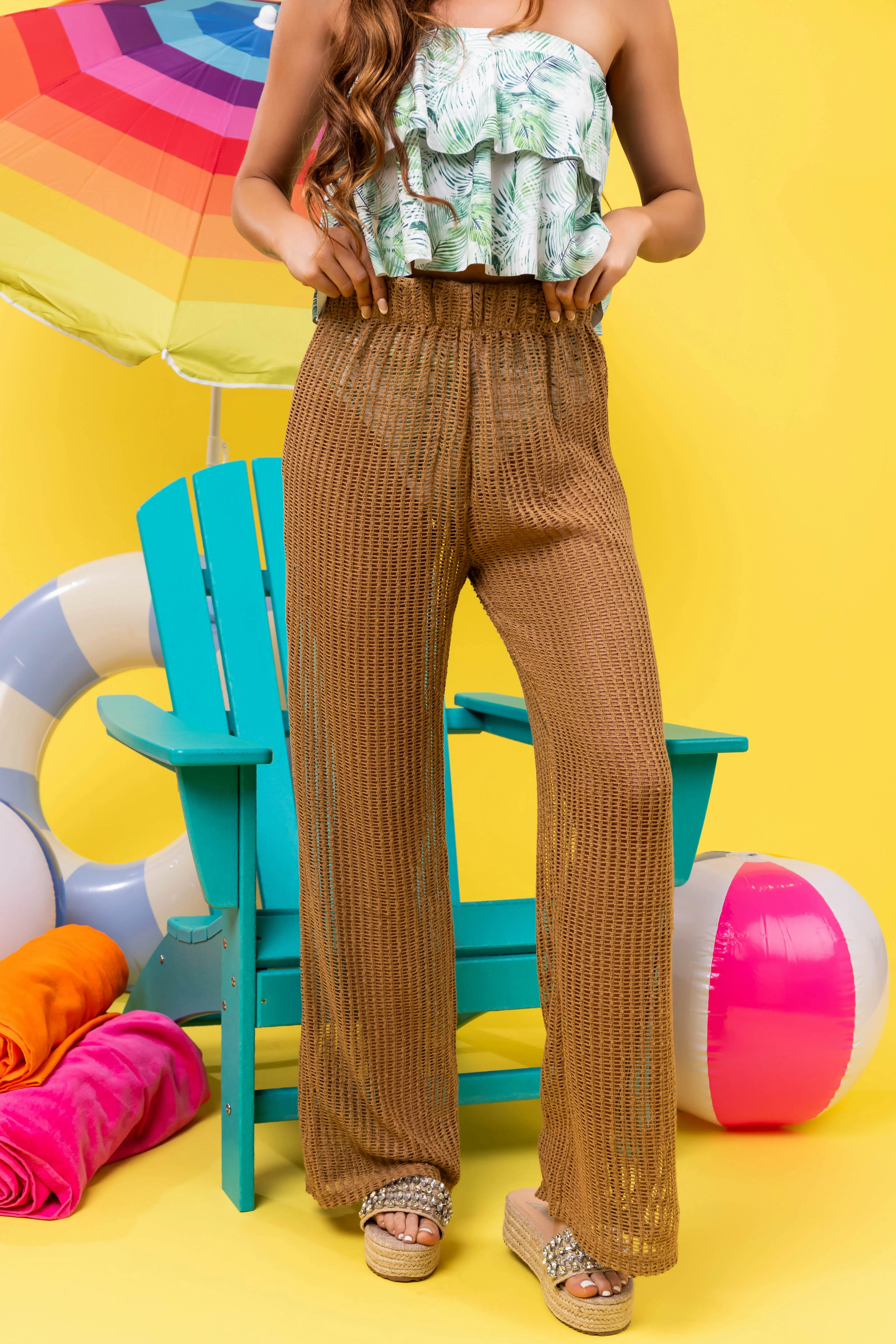 She+Sky Camel Sheer Crochet Net Loose Pants - Image 2