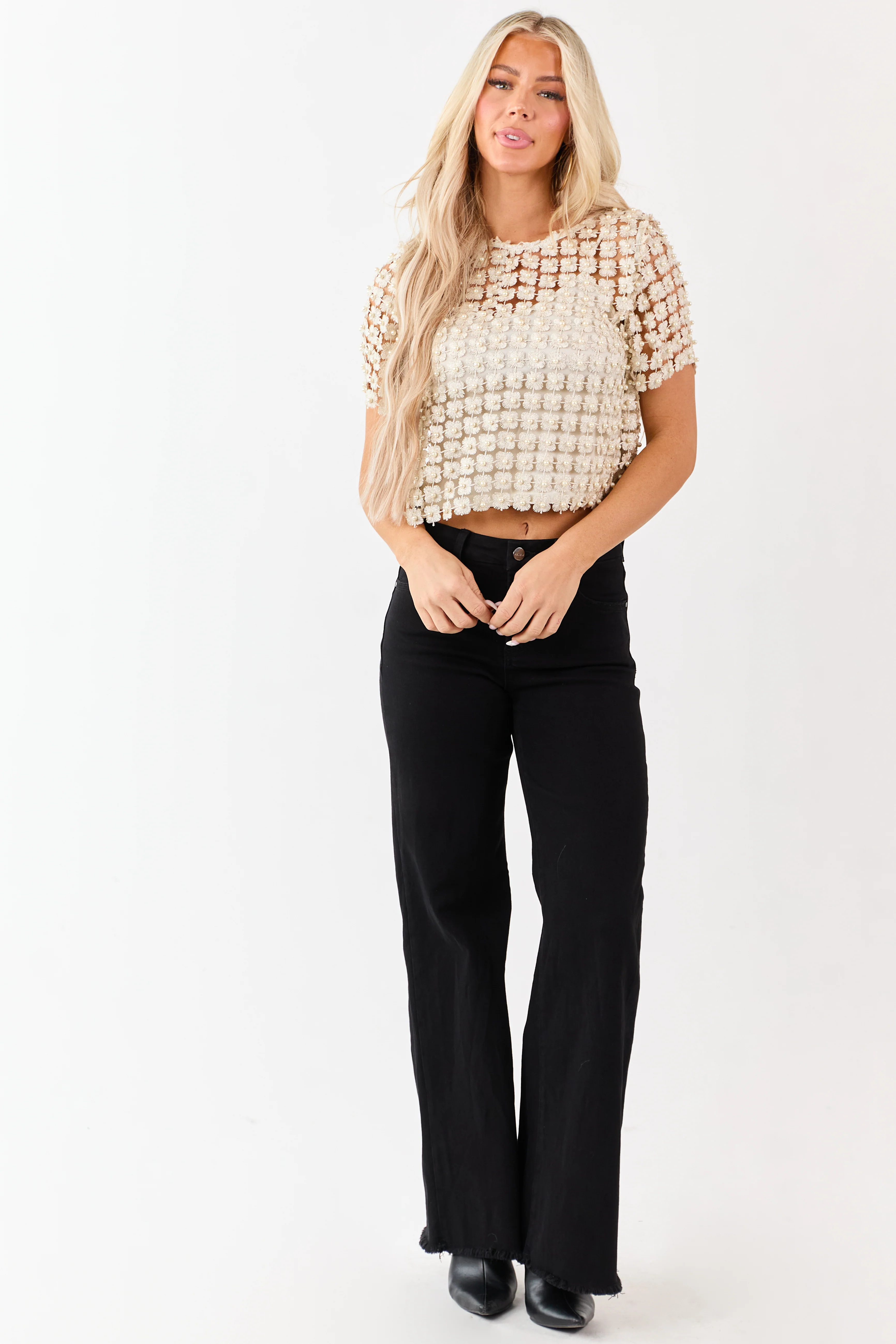 She+Sky Champagne Lurex Crochet Pearl Two Piece Top - Image 3