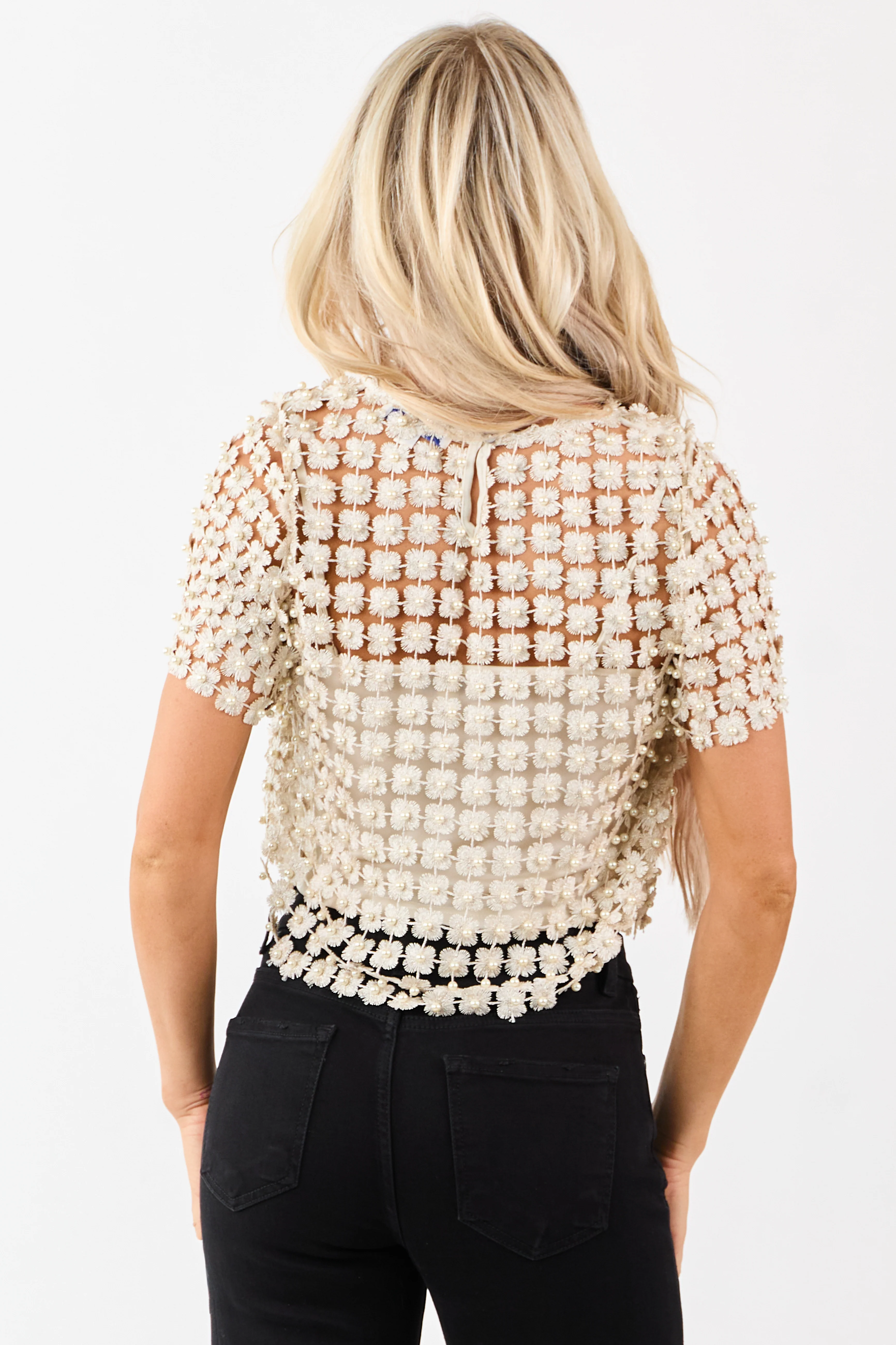 She+Sky Champagne Lurex Crochet Pearl Two Piece Top - Image 6