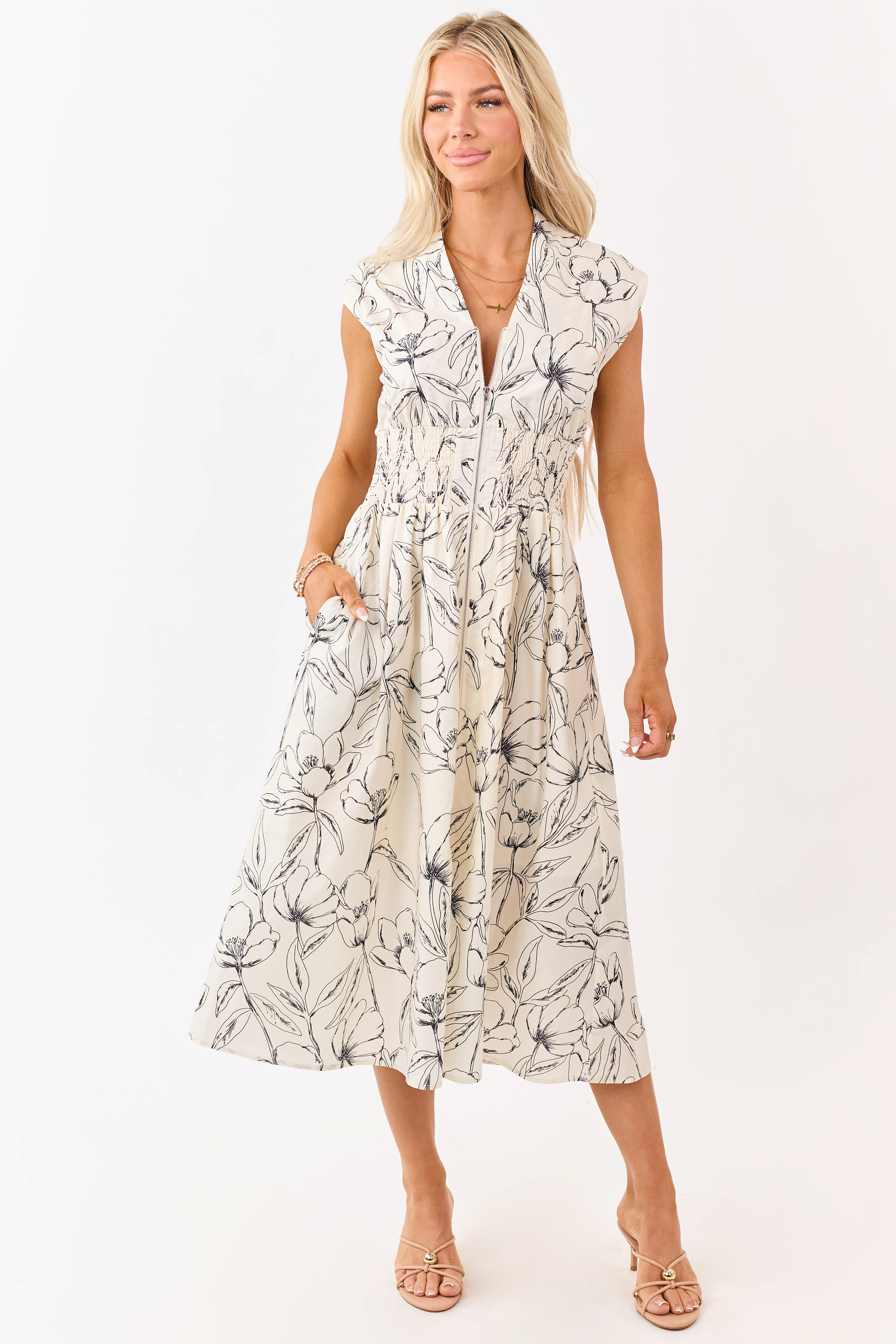 She+Sky Cream Floral Print Cotton Zip Up Midi Dress - Image 3