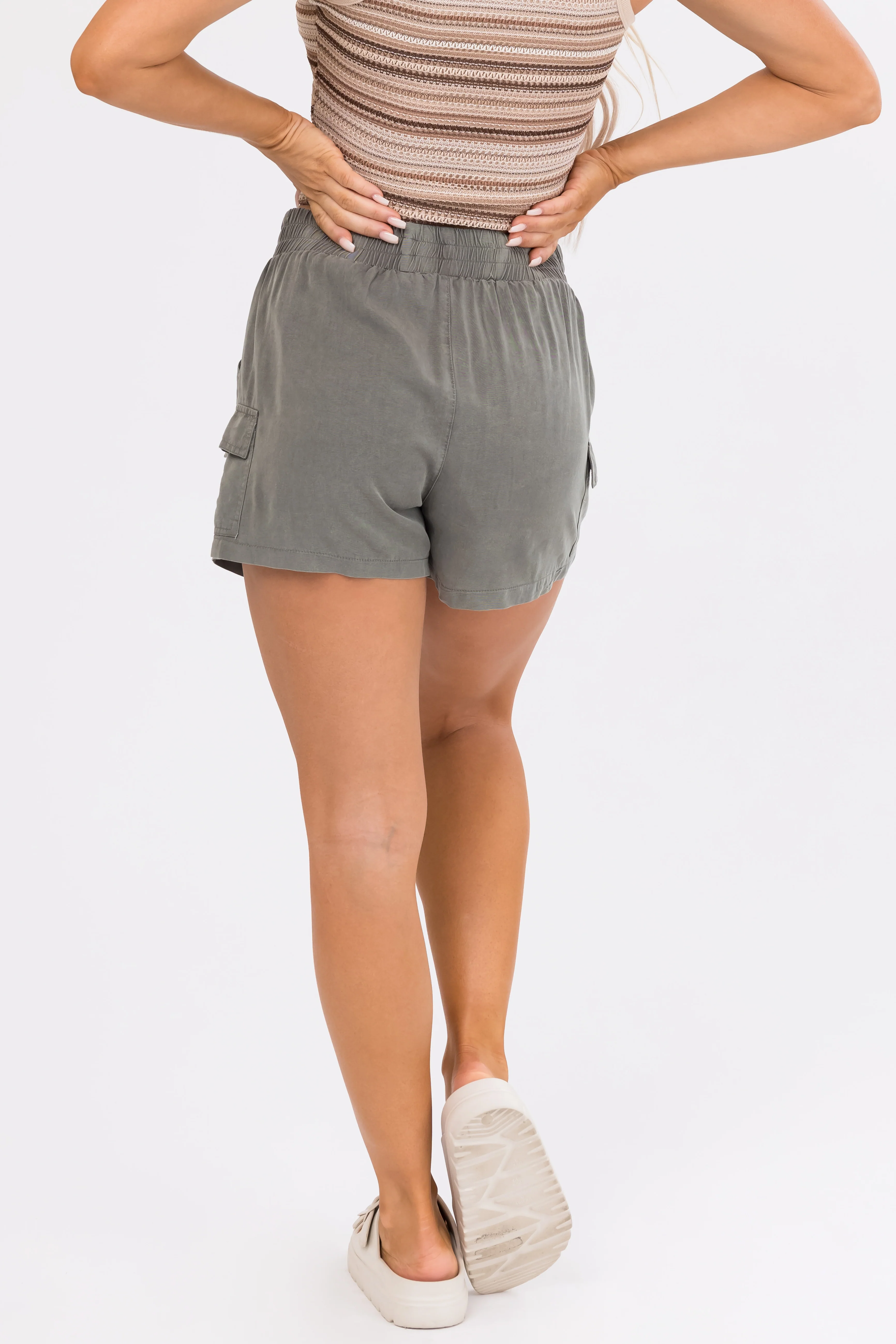 She+Sky Dusty Olive Washed Lightweight Cargo Shorts - Image 5