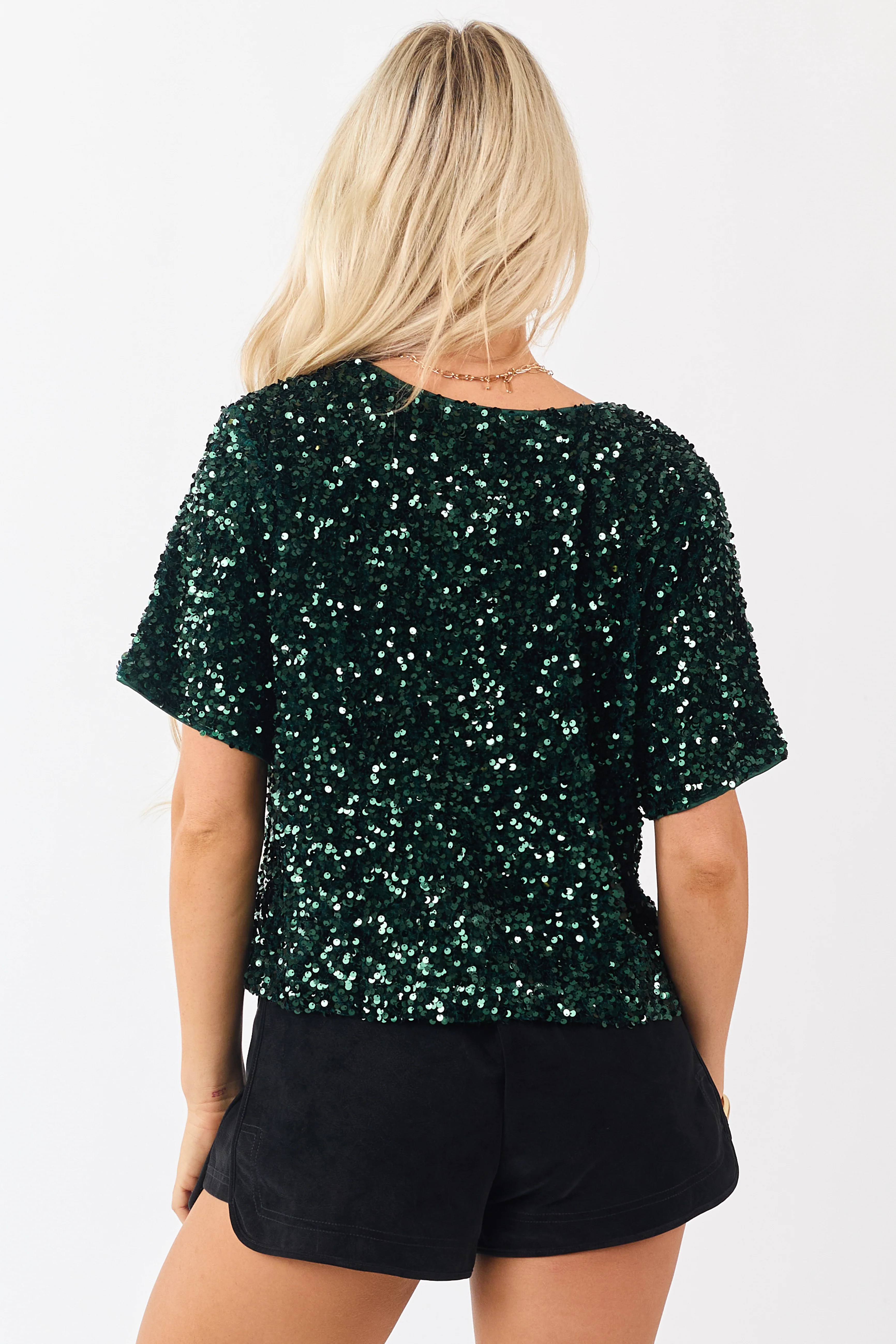 She+Sky Forest Green Sequined Short Sleeve Top - Image 6