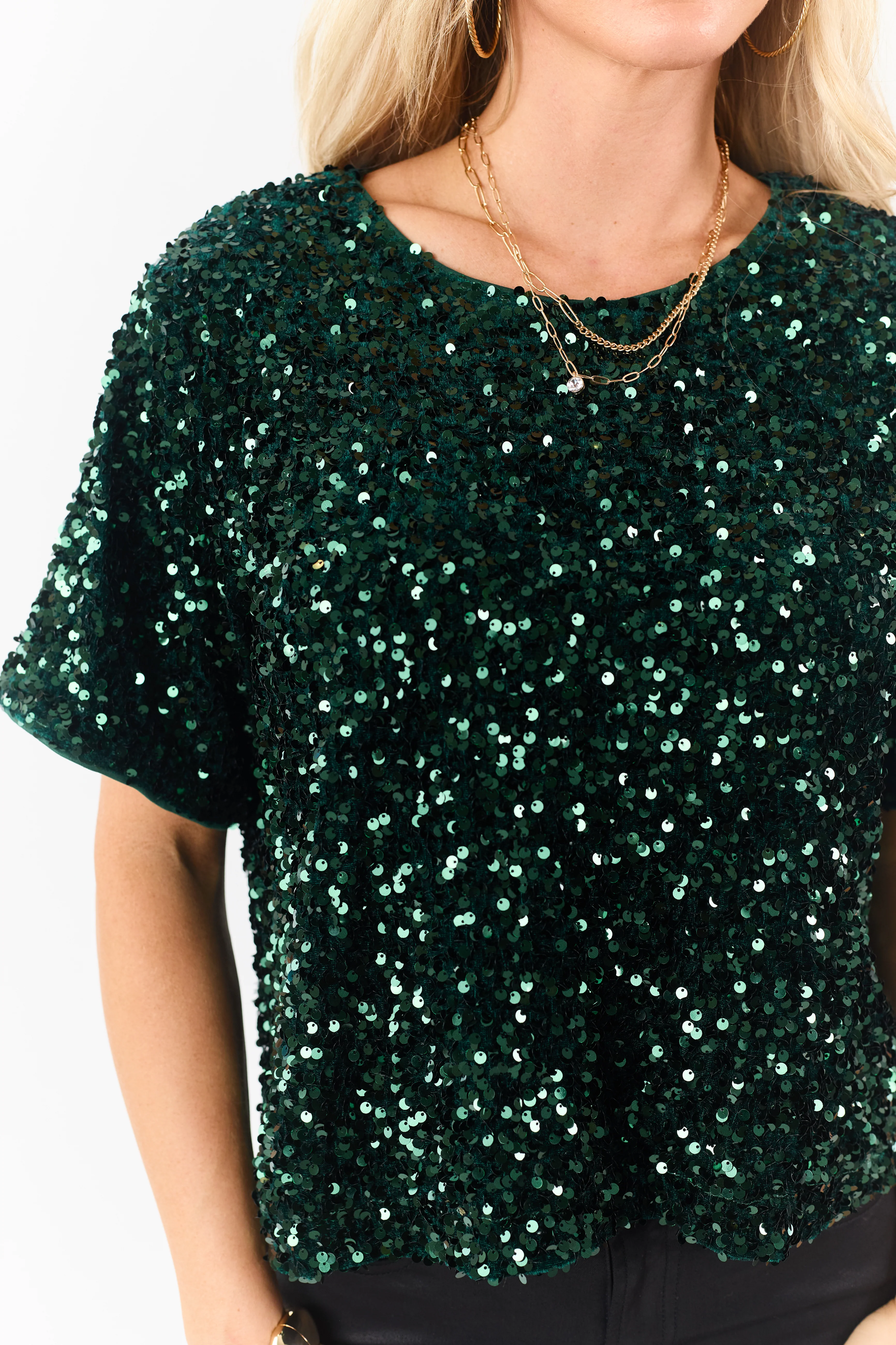 She+Sky Forest Green Sequined Short Sleeve Top - Image 7