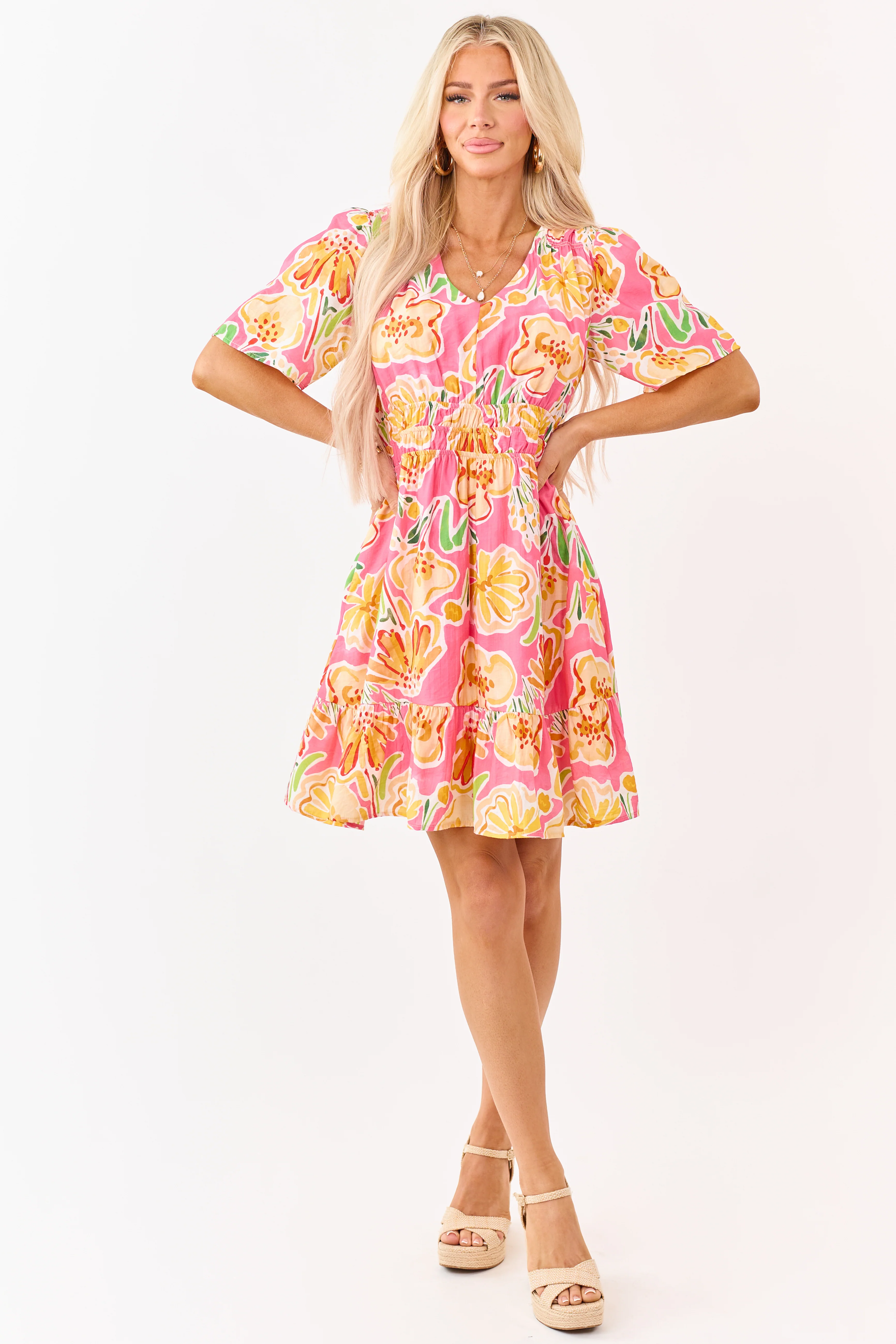 She+Sky Fuchsia Floral Print V Neck Mini Dress
