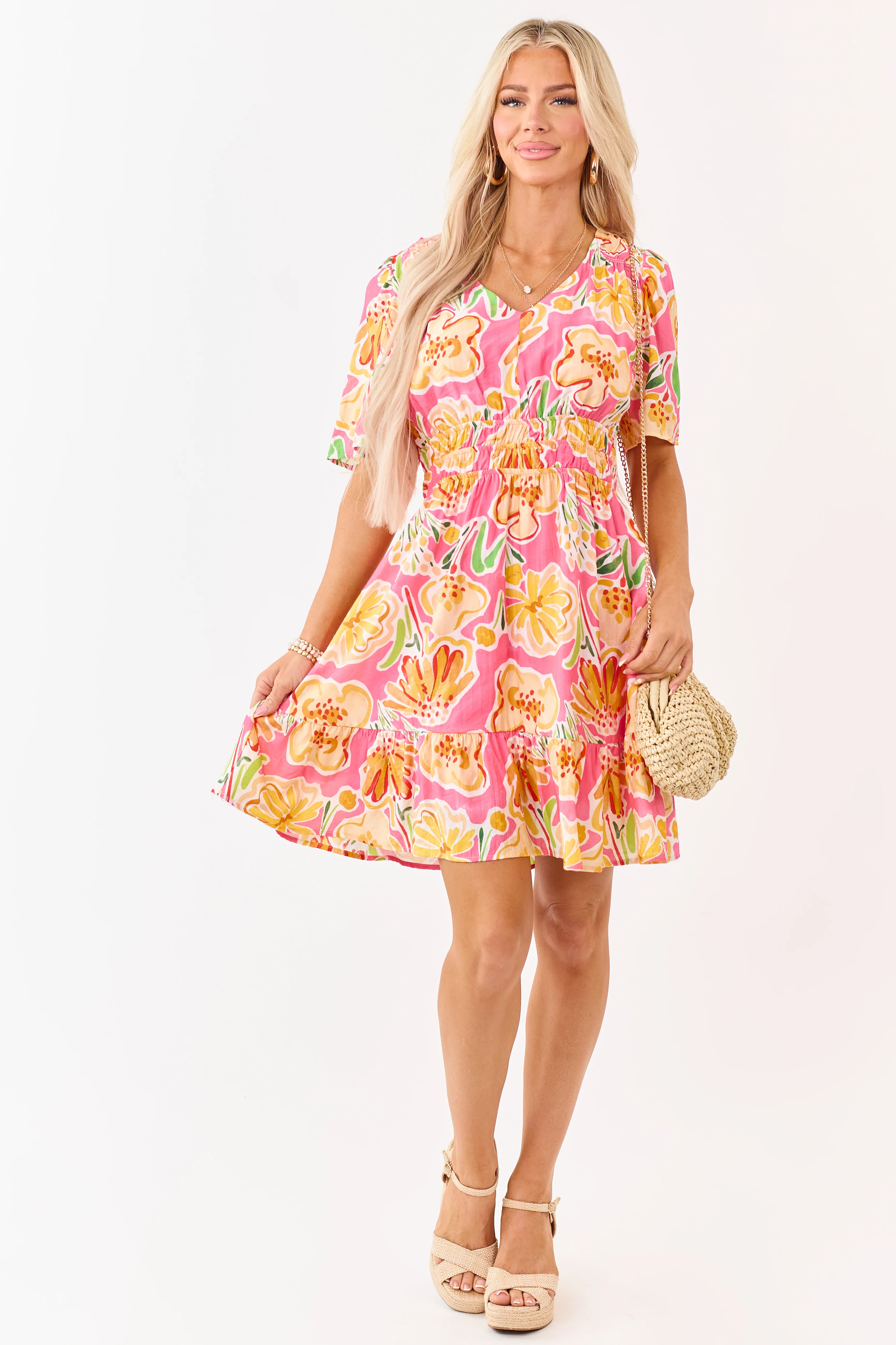 She+Sky Fuchsia Floral Print V Neck Mini Dress - Image 2