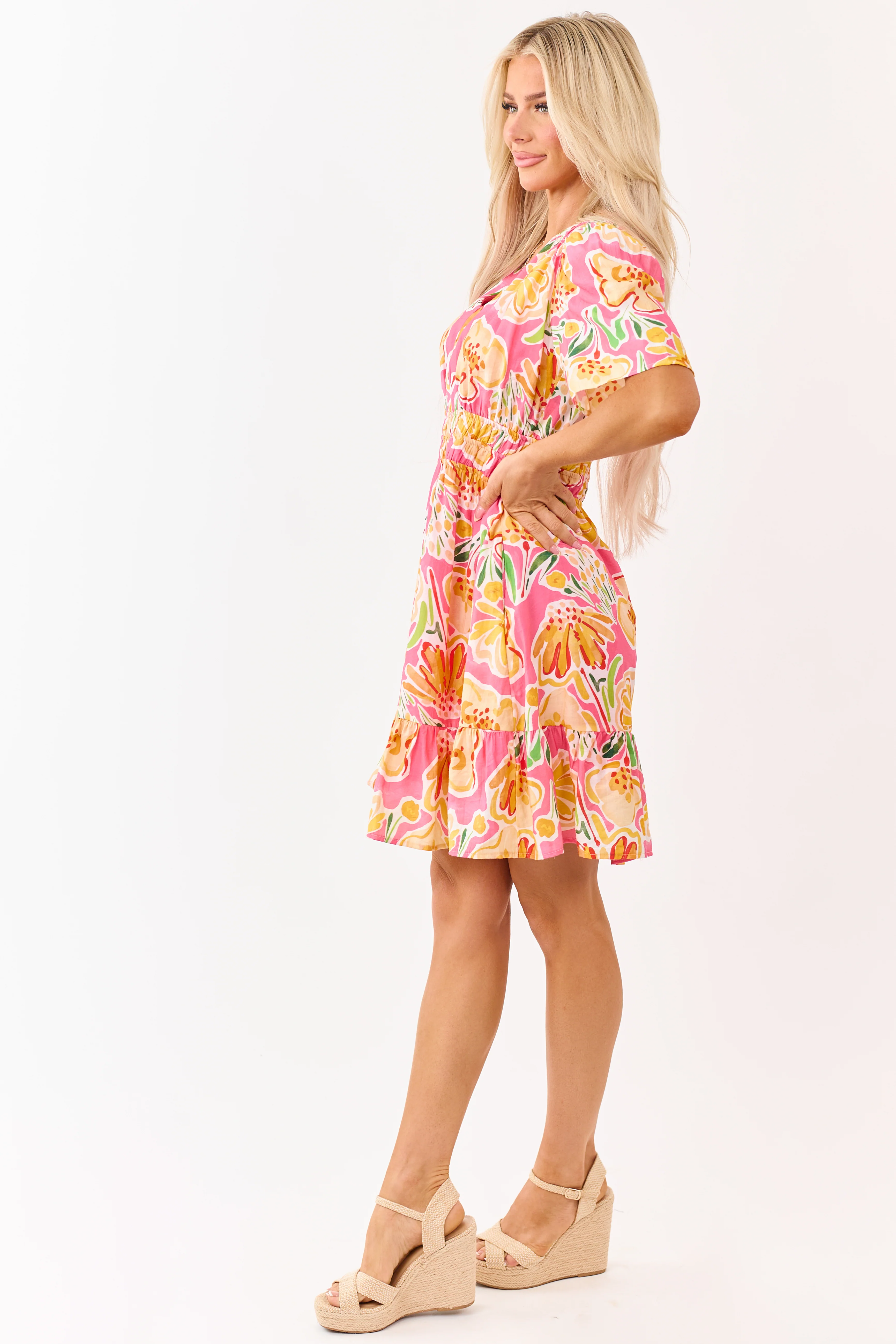 She+Sky Fuchsia Floral Print V Neck Mini Dress - Image 4