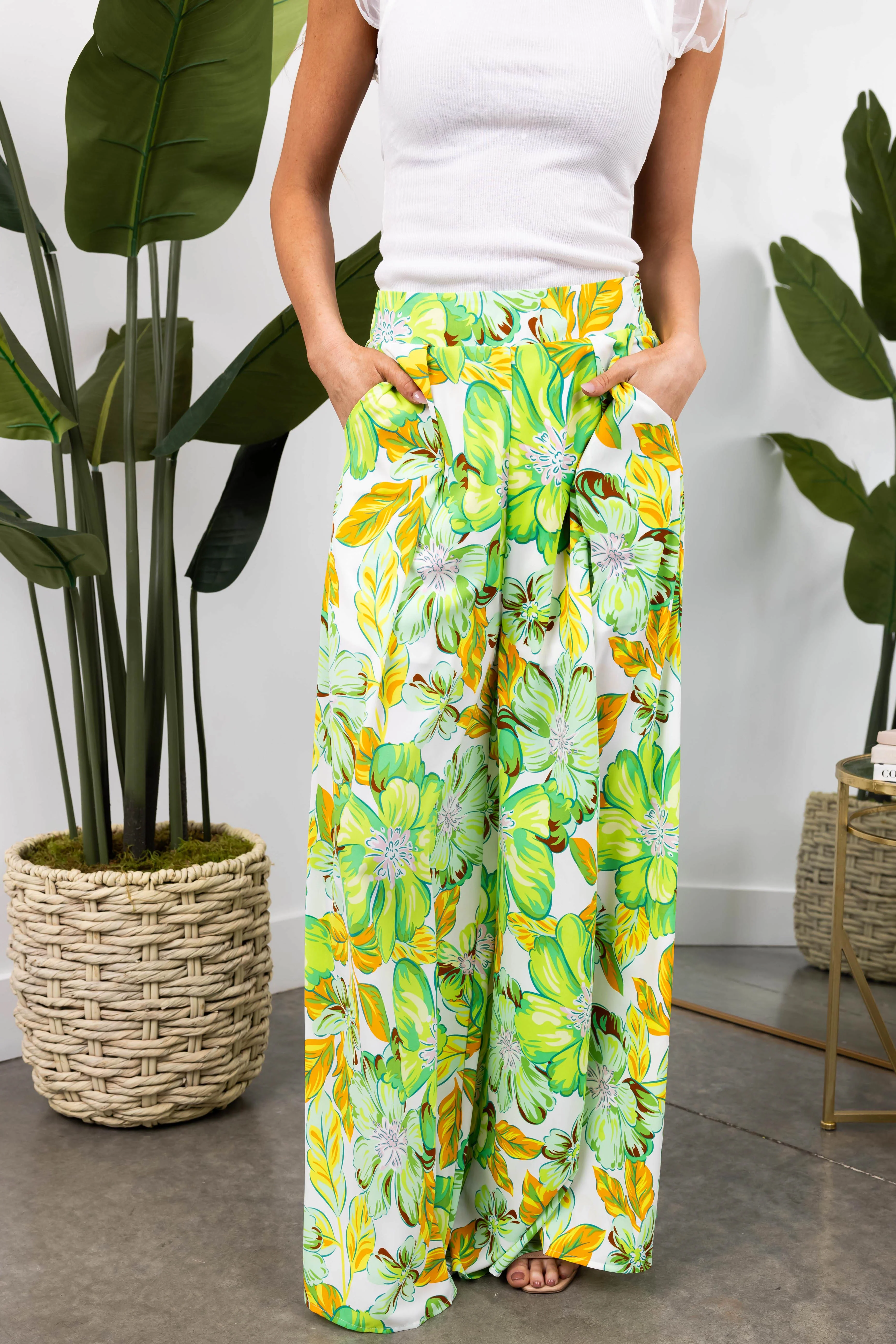 She+Sky Lime Floral Print Wide Leg Flowy Pants - Image 2