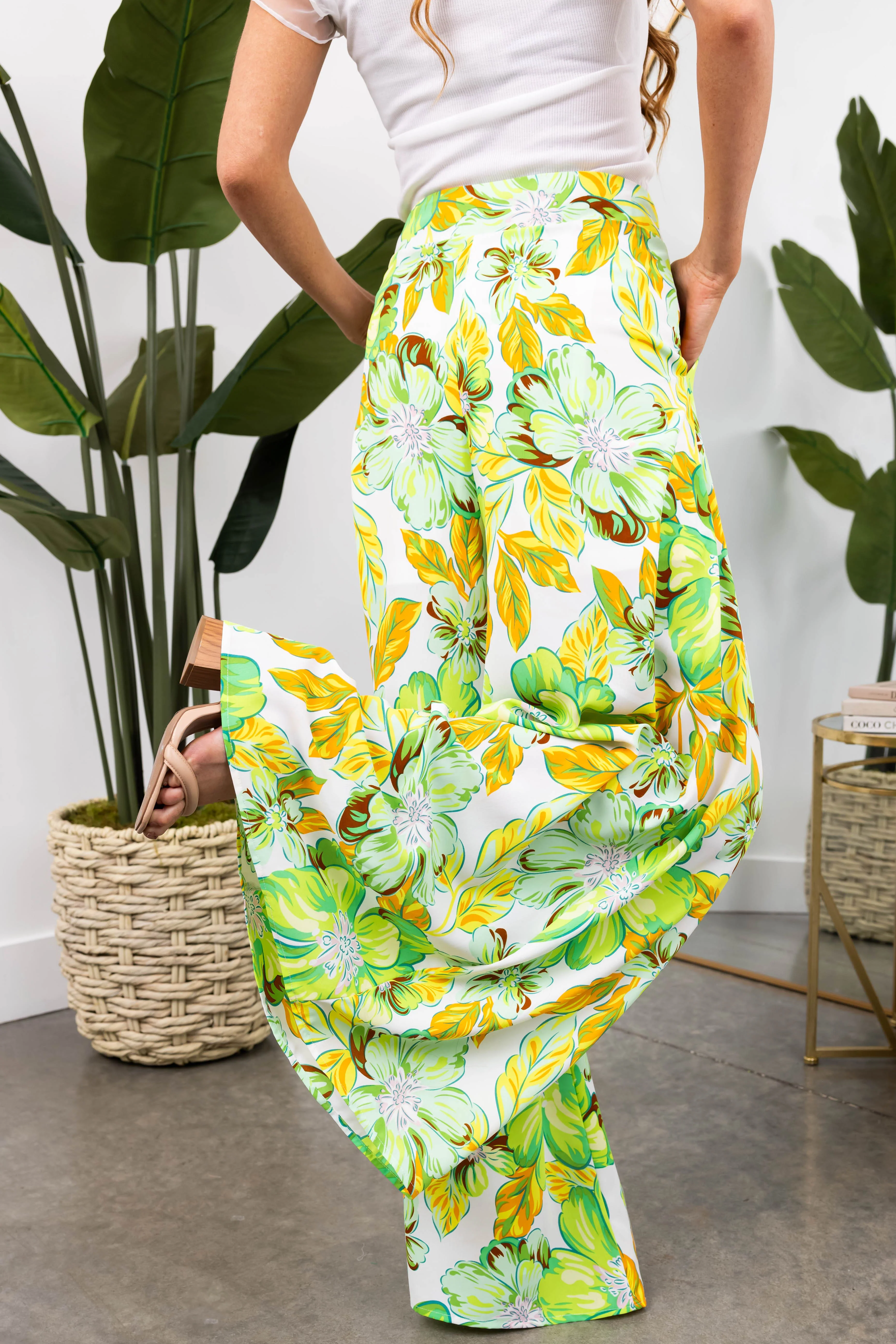 She+Sky Lime Floral Print Wide Leg Flowy Pants - Image 5