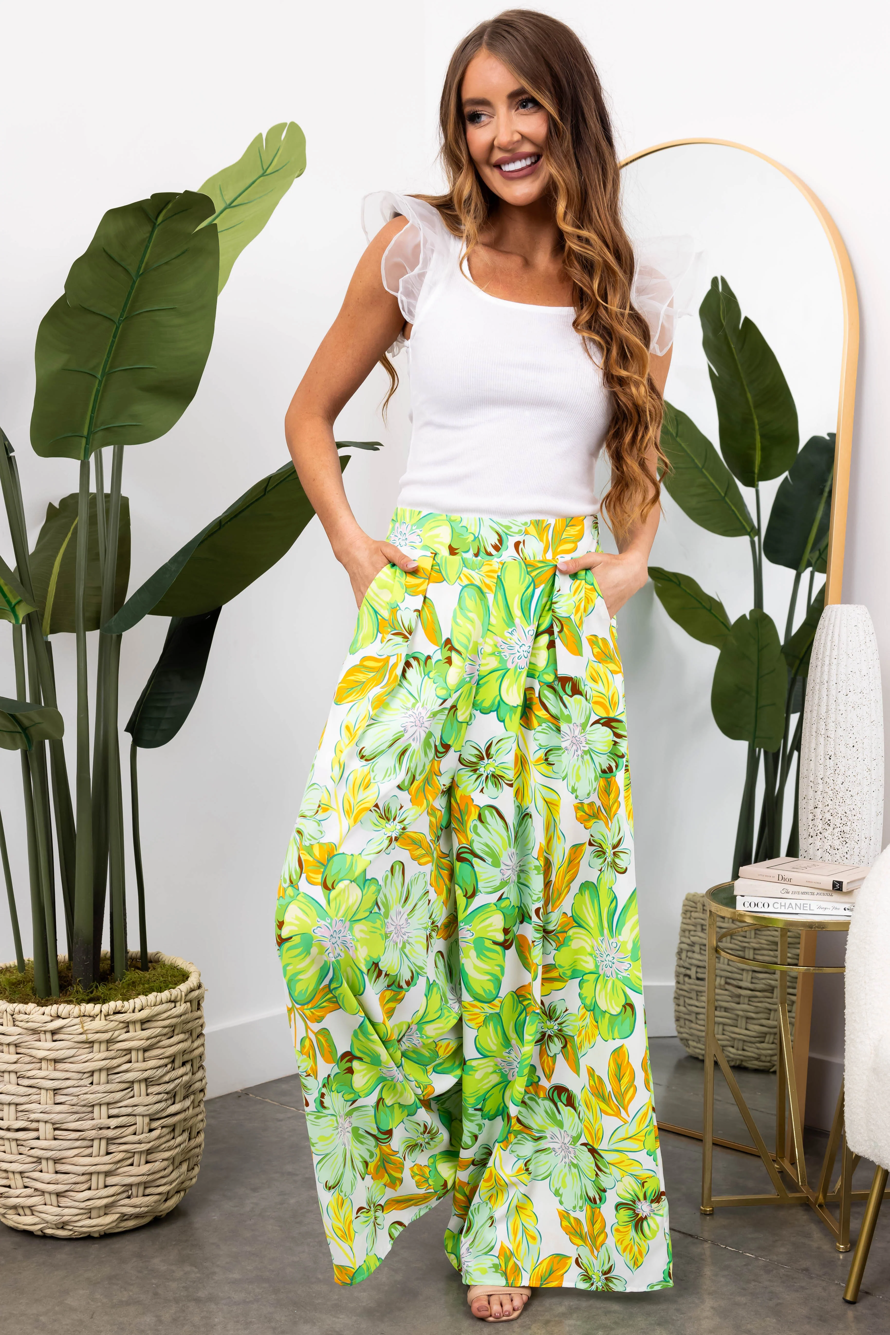 She+Sky Lime Floral Print Wide Leg Flowy Pants - Image 6