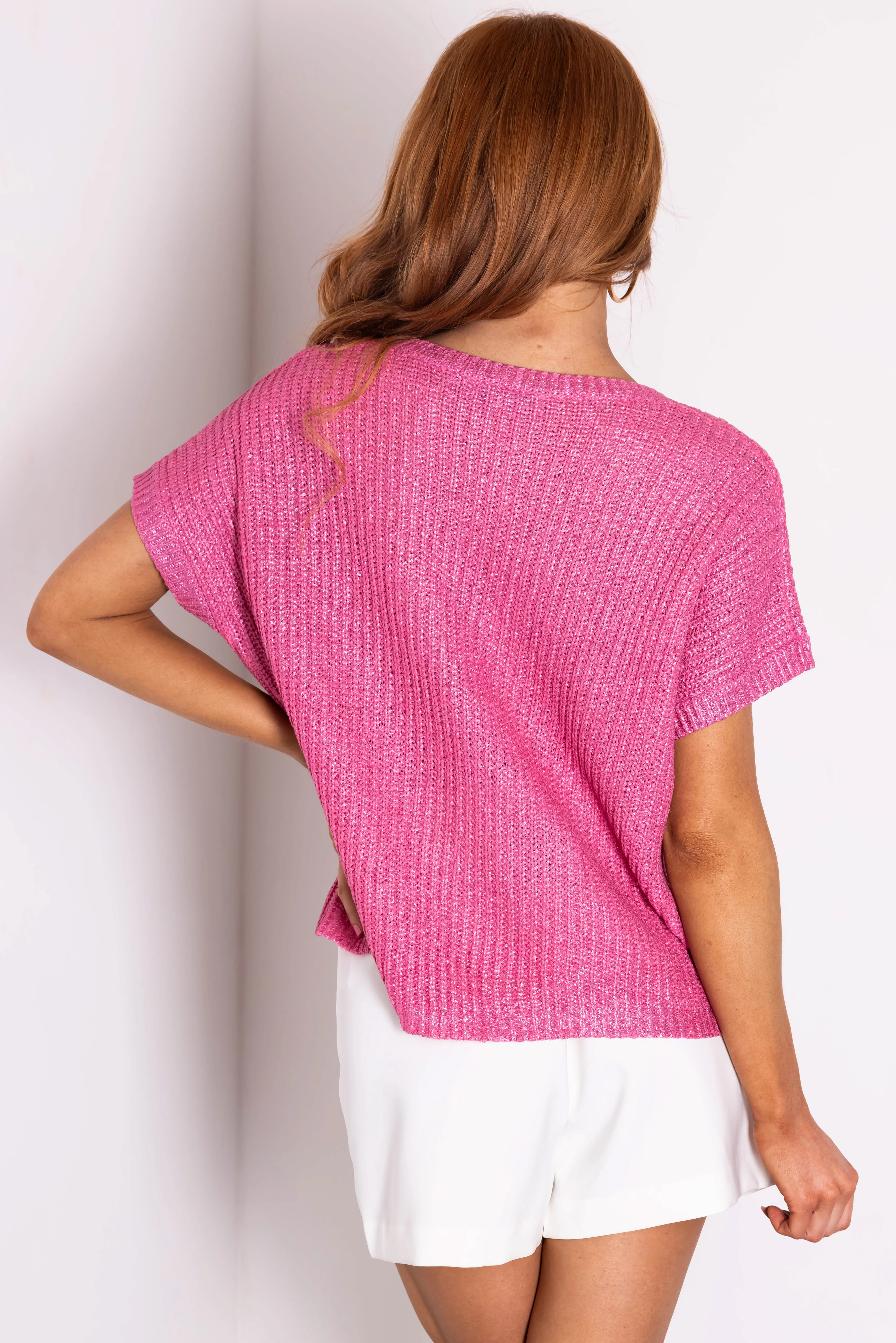 She+Sky Magenta Metallic Short Sleeve Knit Top - Image 5
