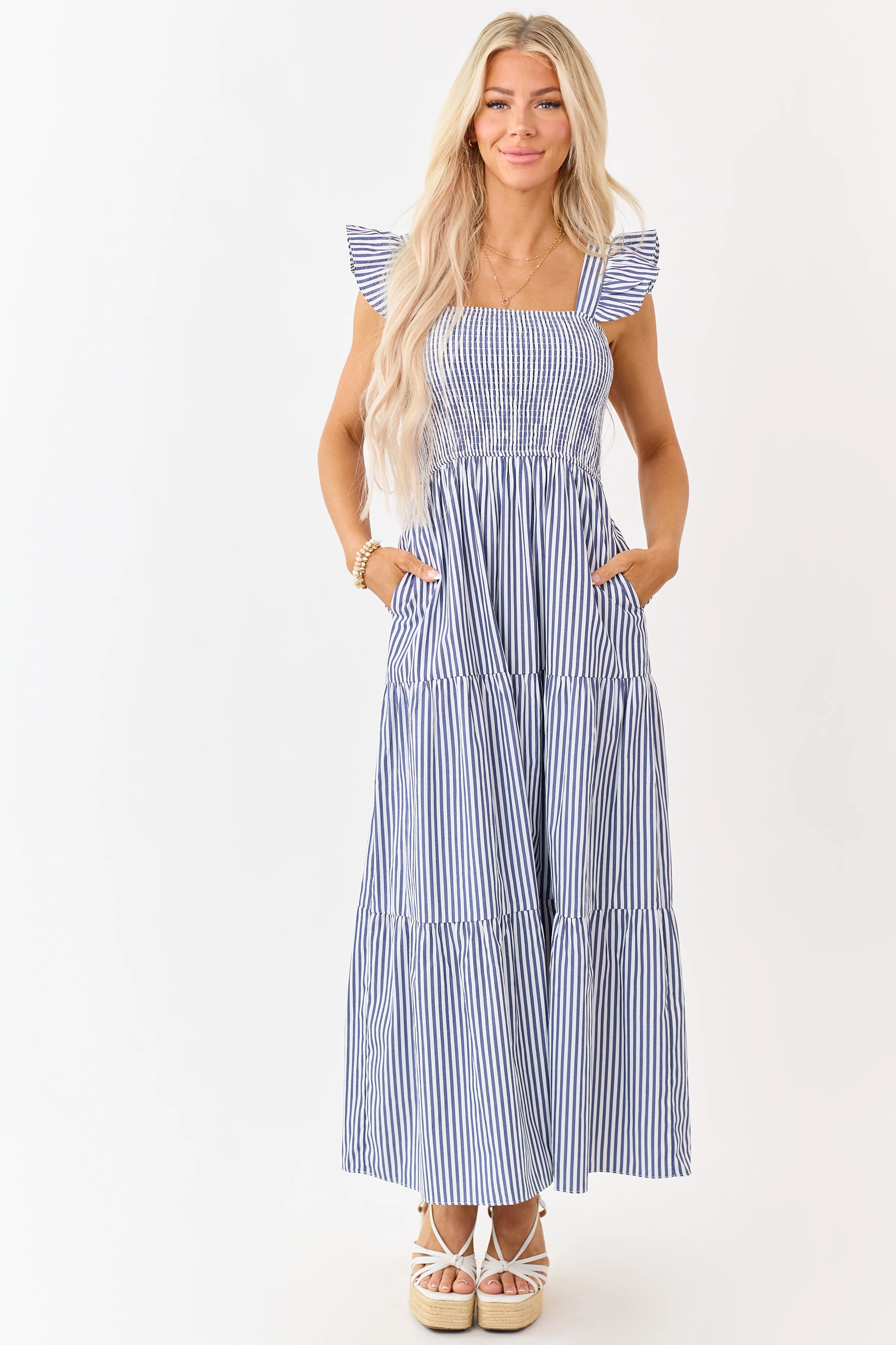 She+Sky Navy Striped Smocked Bodice Maxi Dress