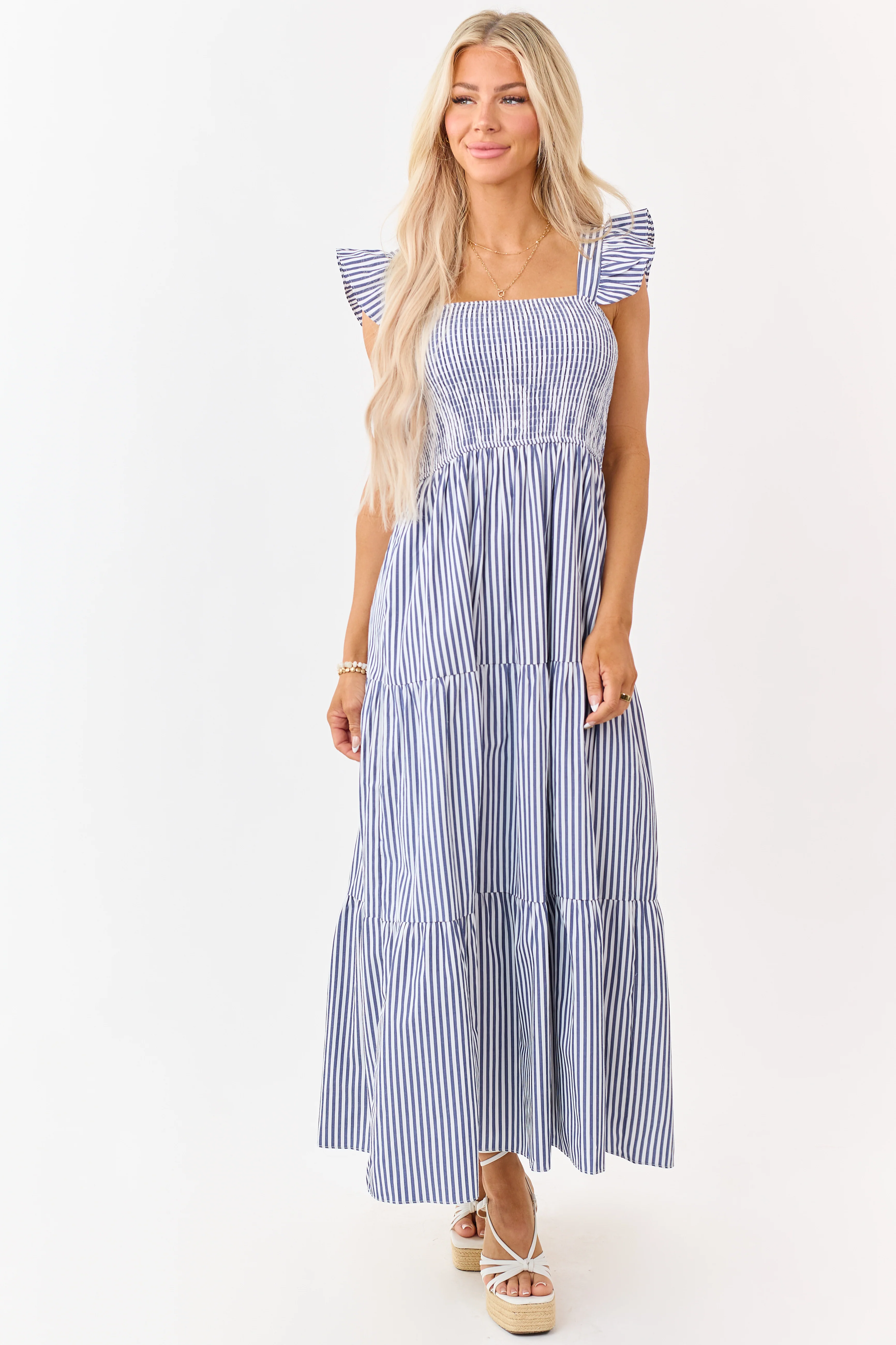 She+Sky Navy Striped Smocked Bodice Maxi Dress - Image 2
