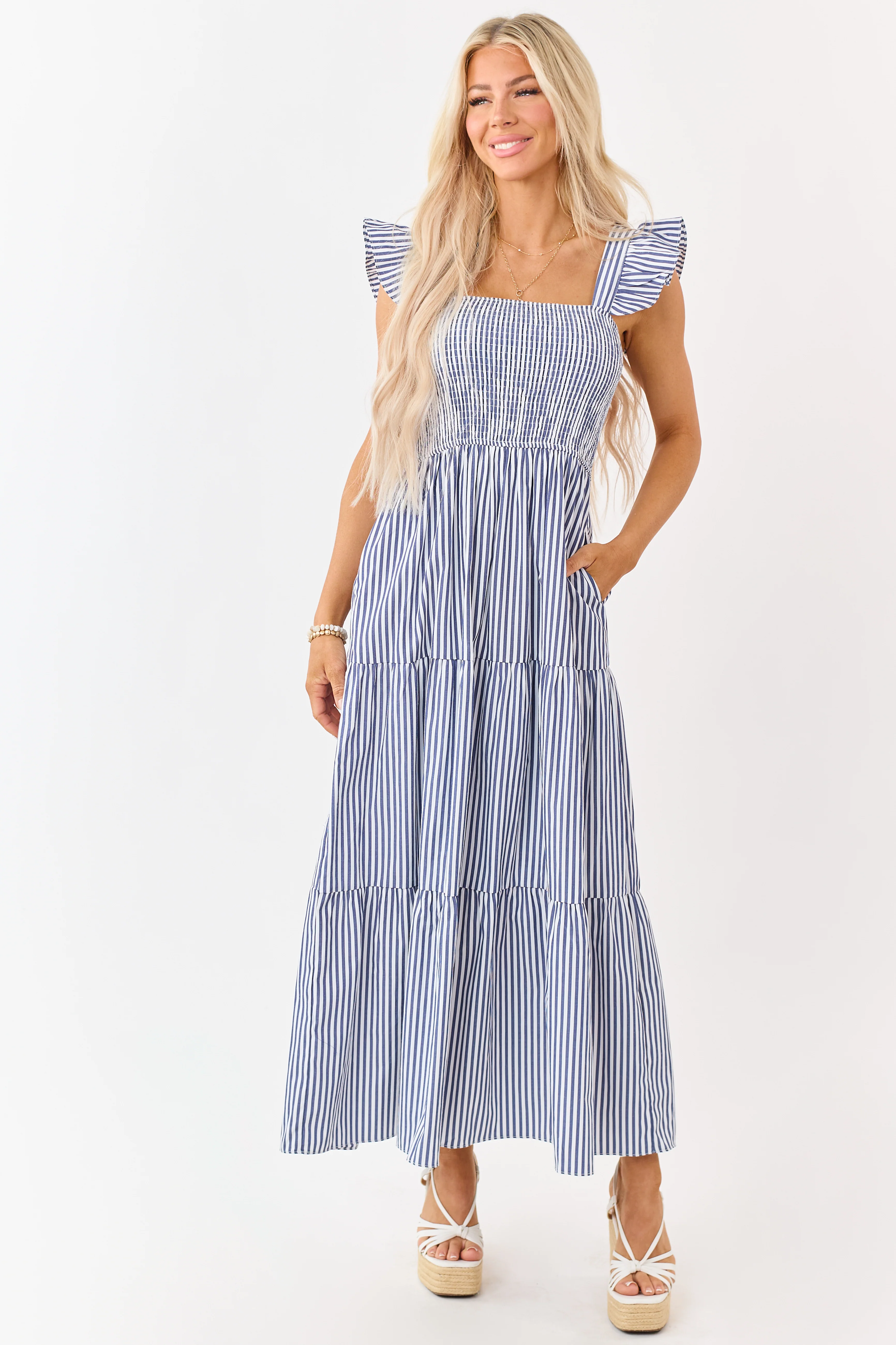 She+Sky Navy Striped Smocked Bodice Maxi Dress - Image 3