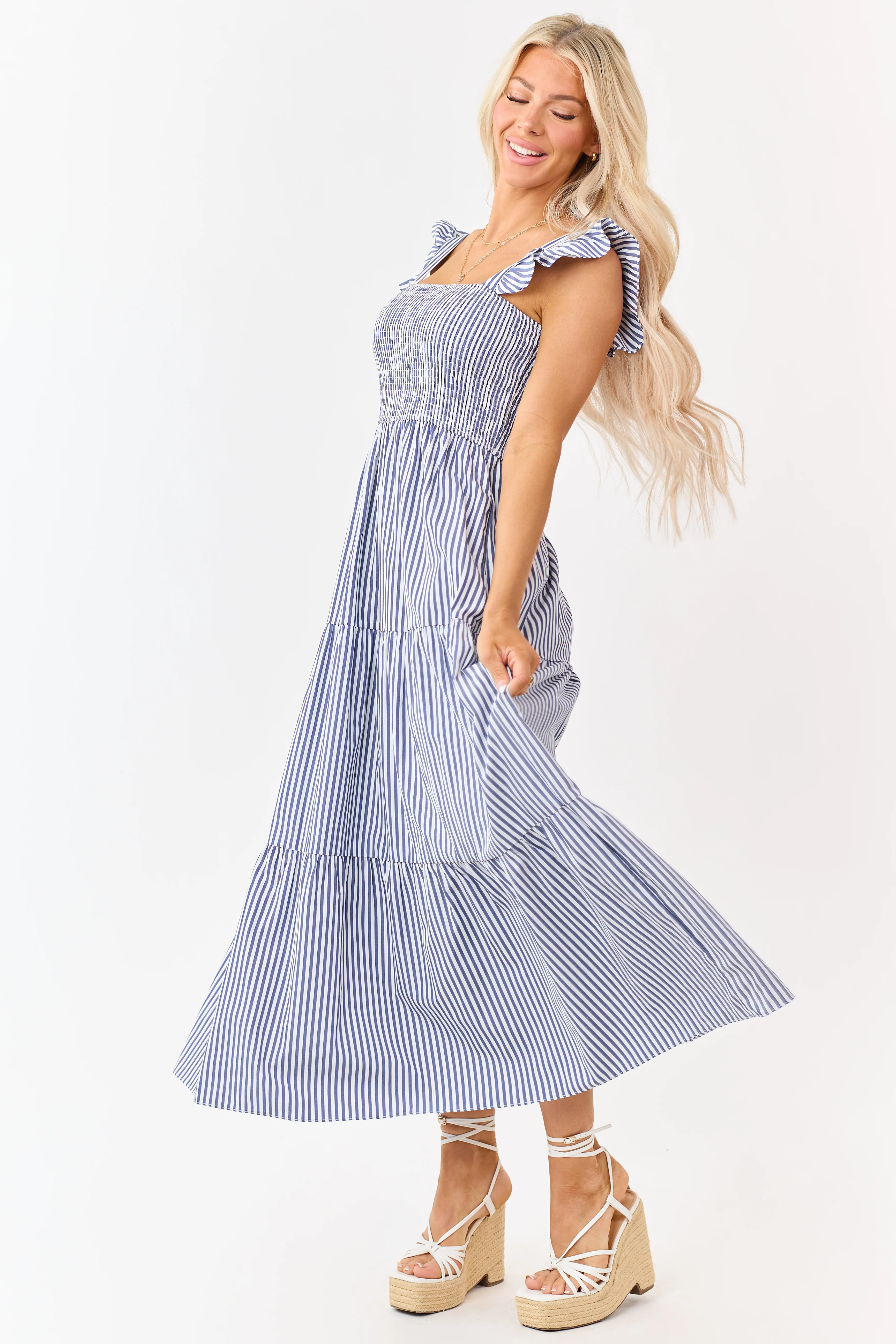 She+Sky Navy Striped Smocked Bodice Maxi Dress - Image 4