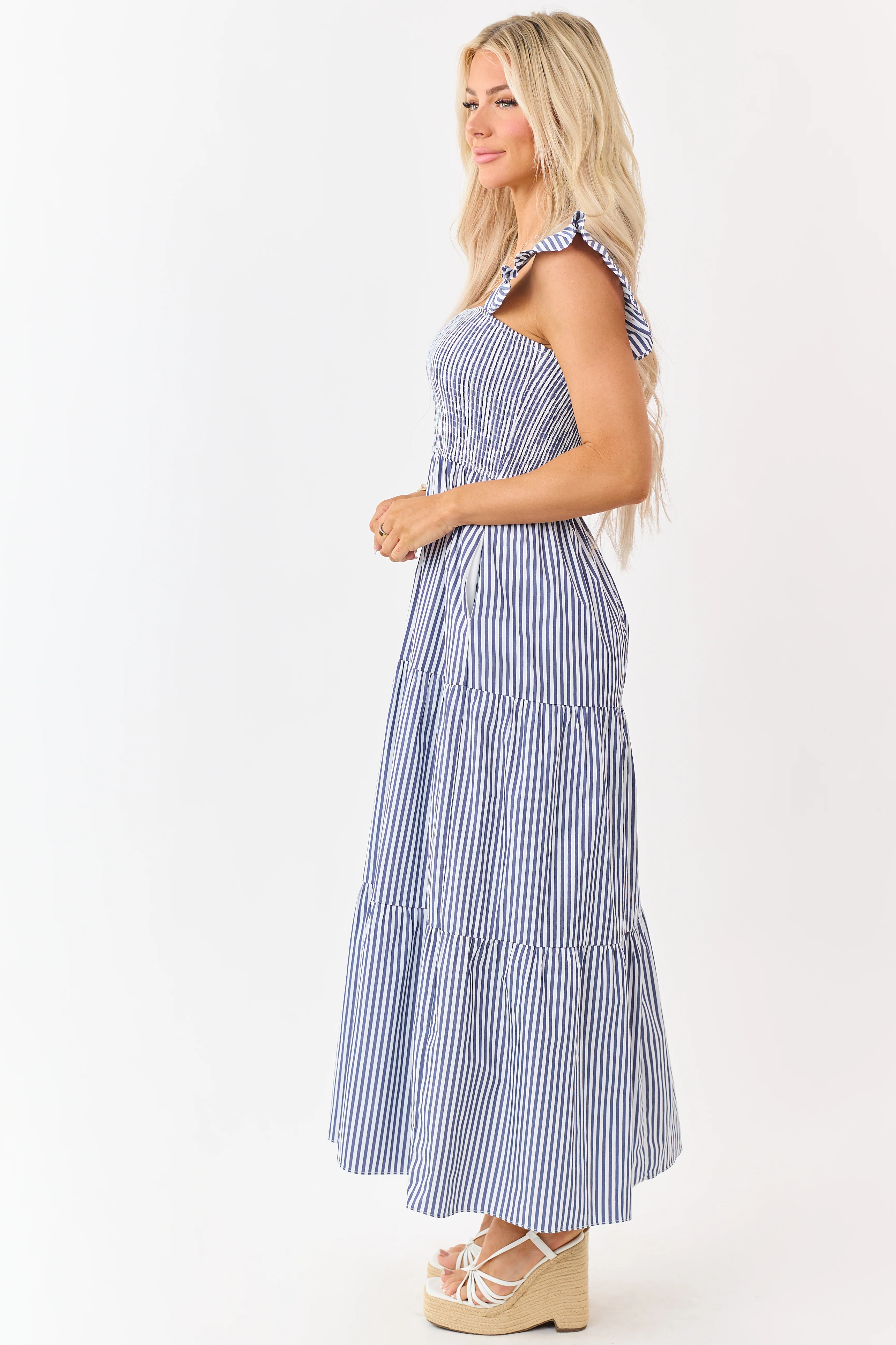 She+Sky Navy Striped Smocked Bodice Maxi Dress - Image 5