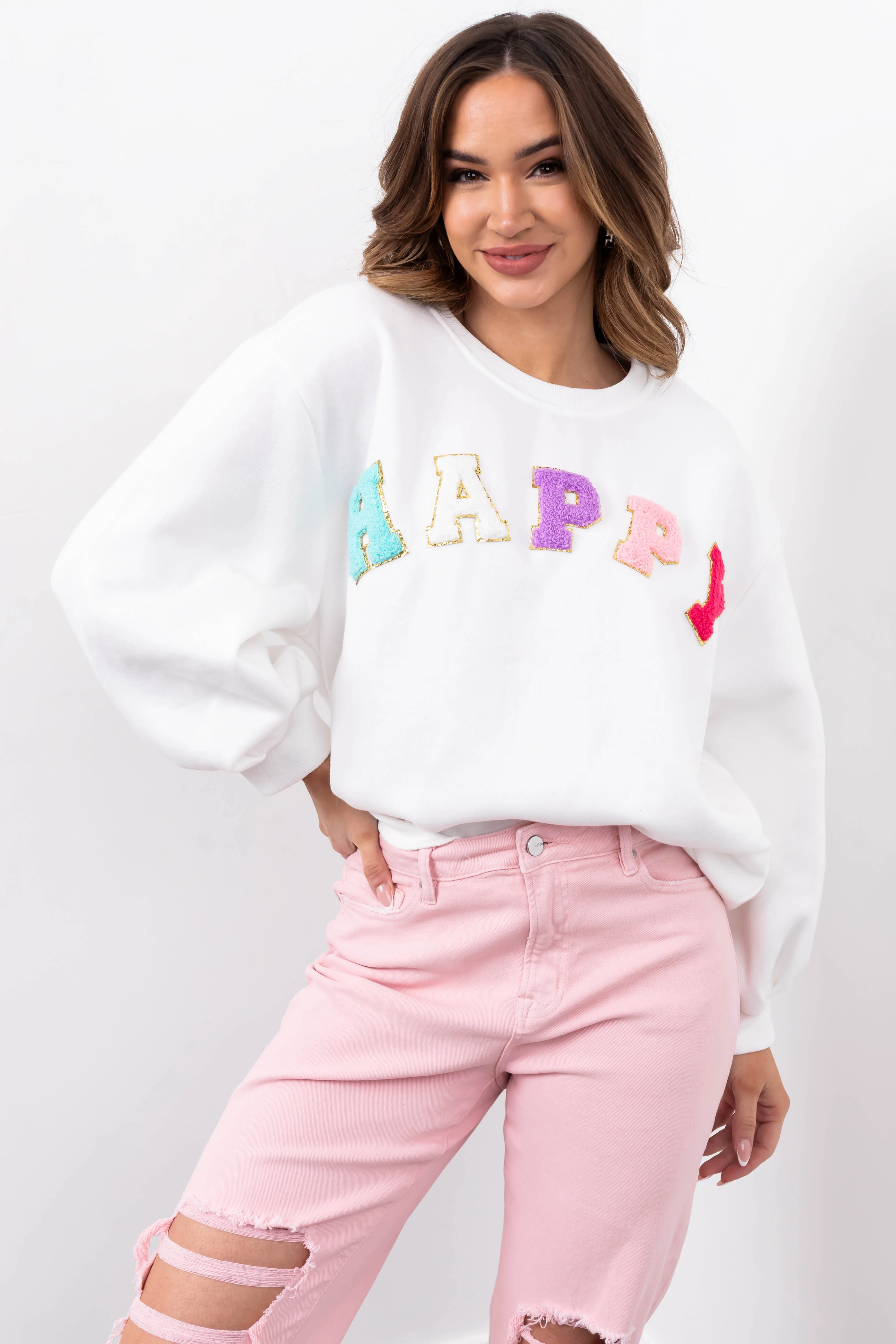 She+Sky Off White 'Happy' Sherpa Patch Sweatshirt - Image 3