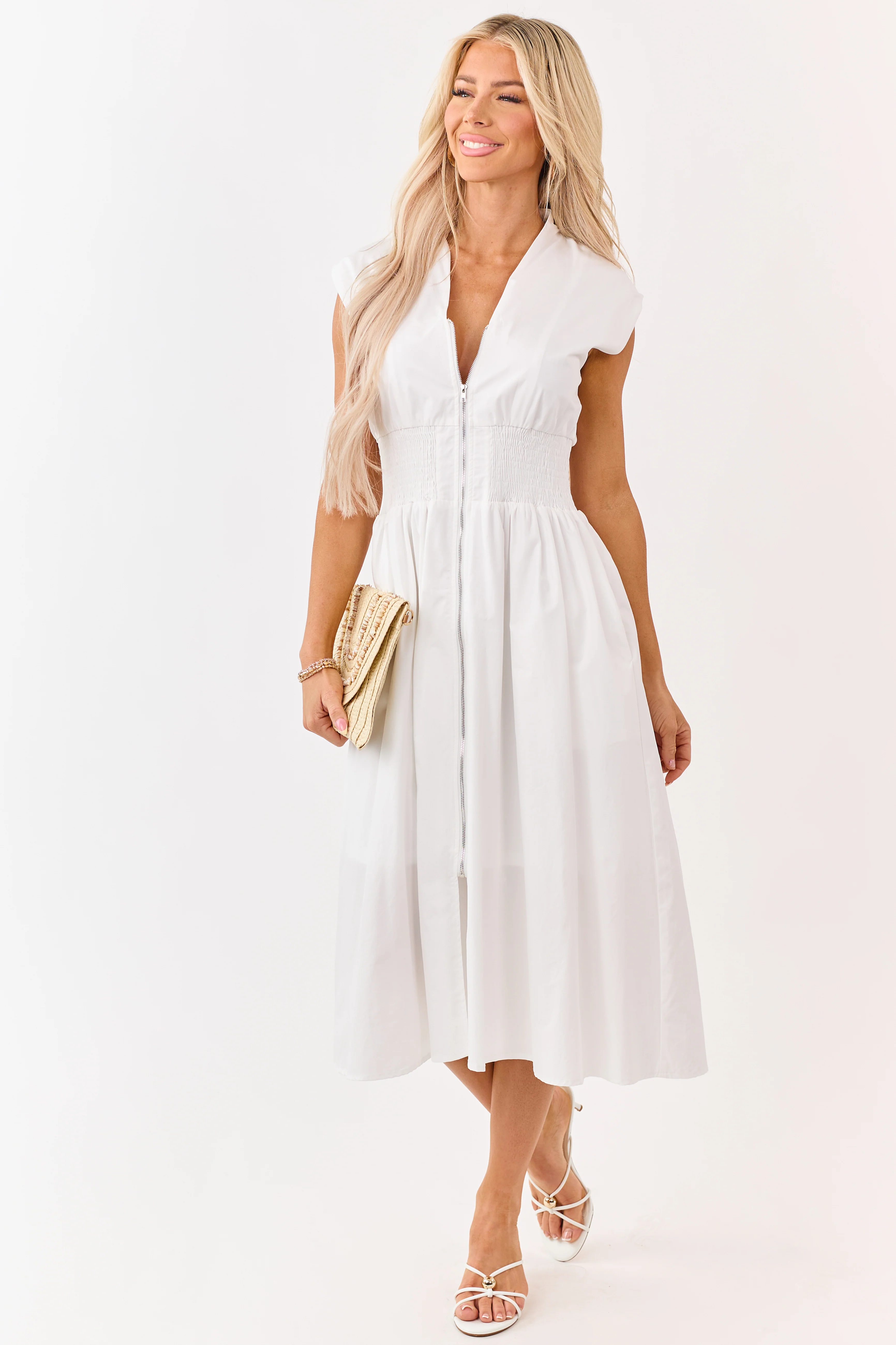 She+Sky Off White Zip Up Smocked Cotton Midi Dress - Image 3