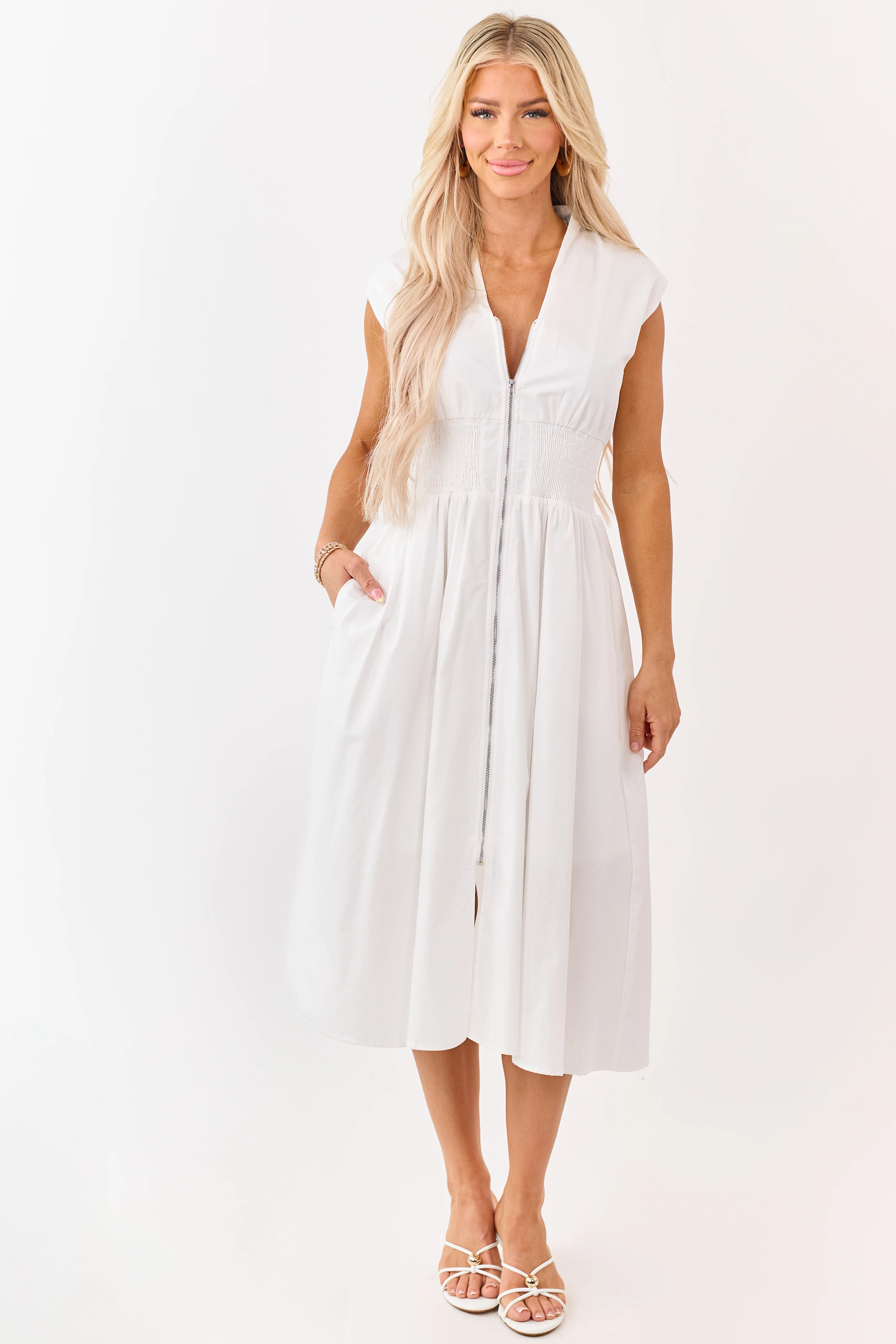 She+Sky Off White Zip Up Smocked Cotton Midi Dress - Image 4