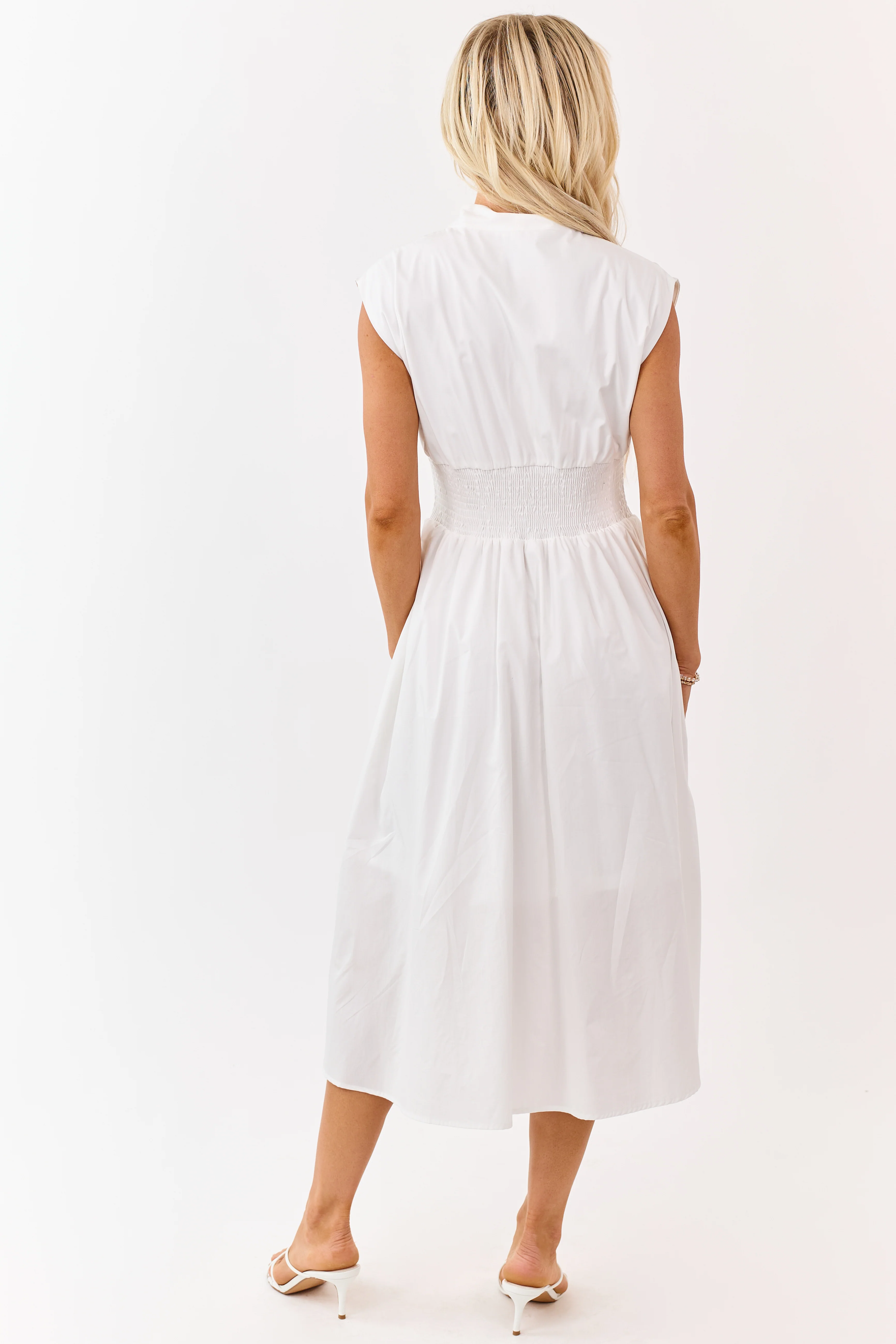 She+Sky Off White Zip Up Smocked Cotton Midi Dress - Image 6