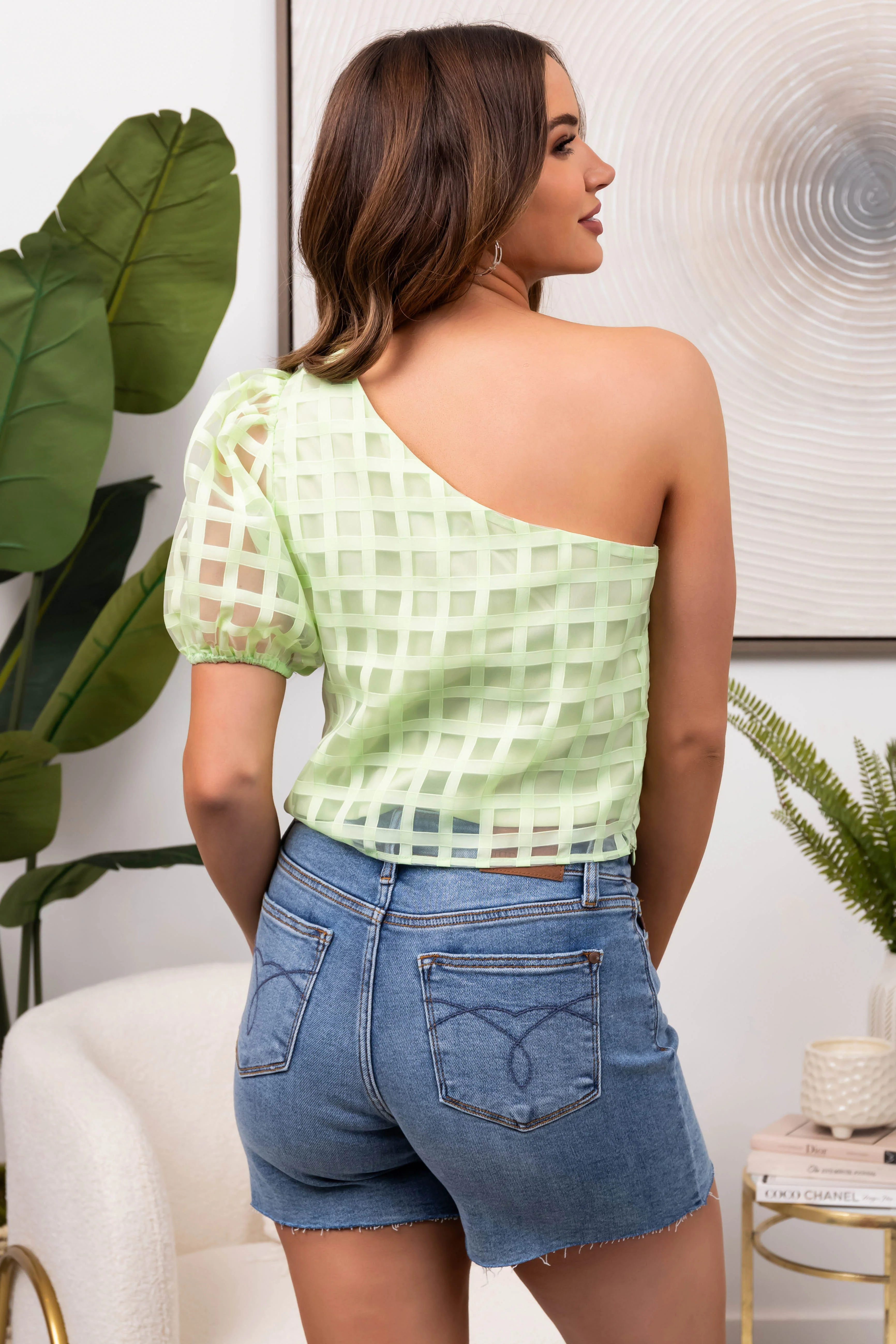 She+Sky Pastel Lime One Shoulder Blouse - Image 6
