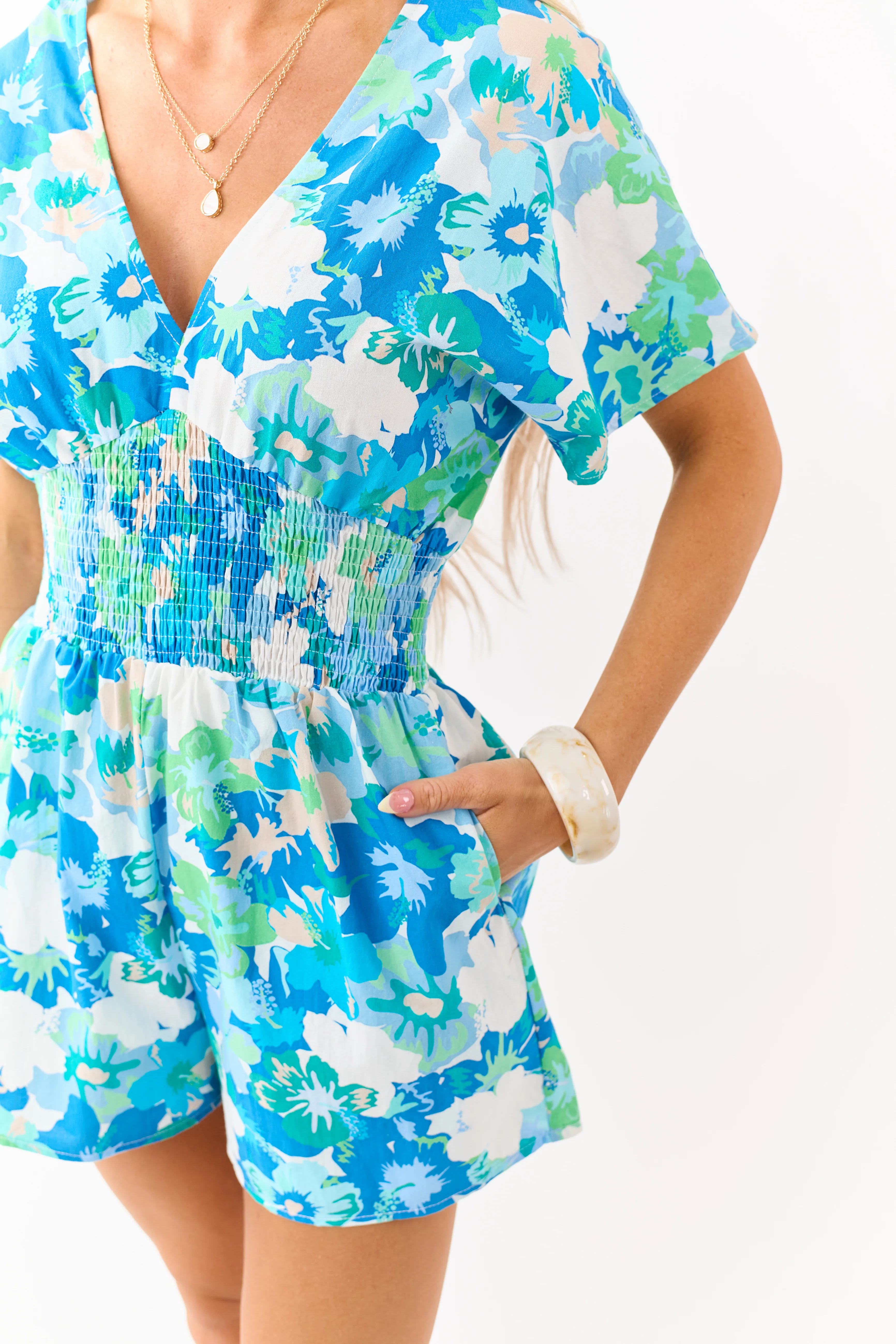 She+Sky Powder Blue Floral Print Cotton Romper - Image 6