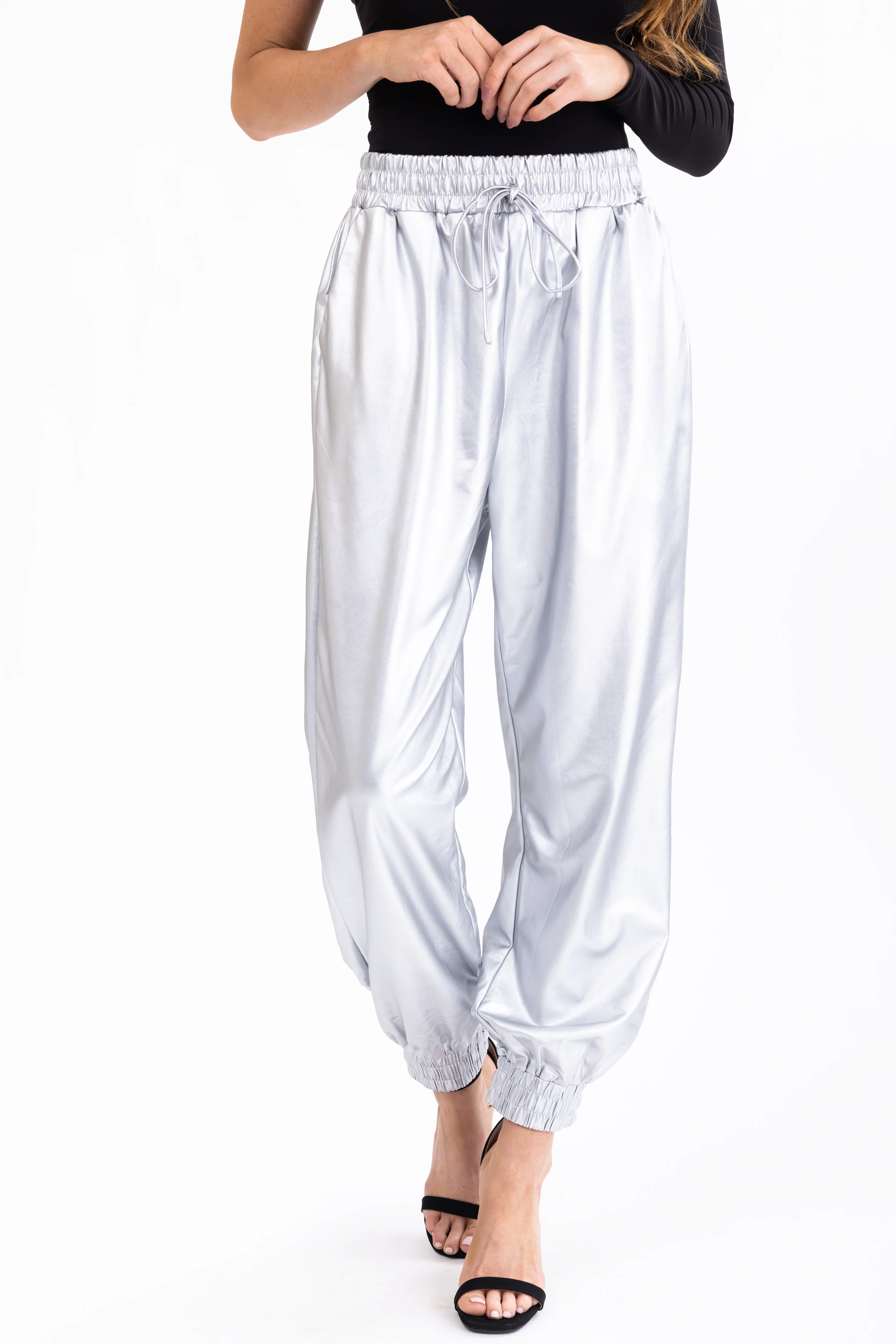 She+Sky Silver Metallic Knit Joggers - Image 2
