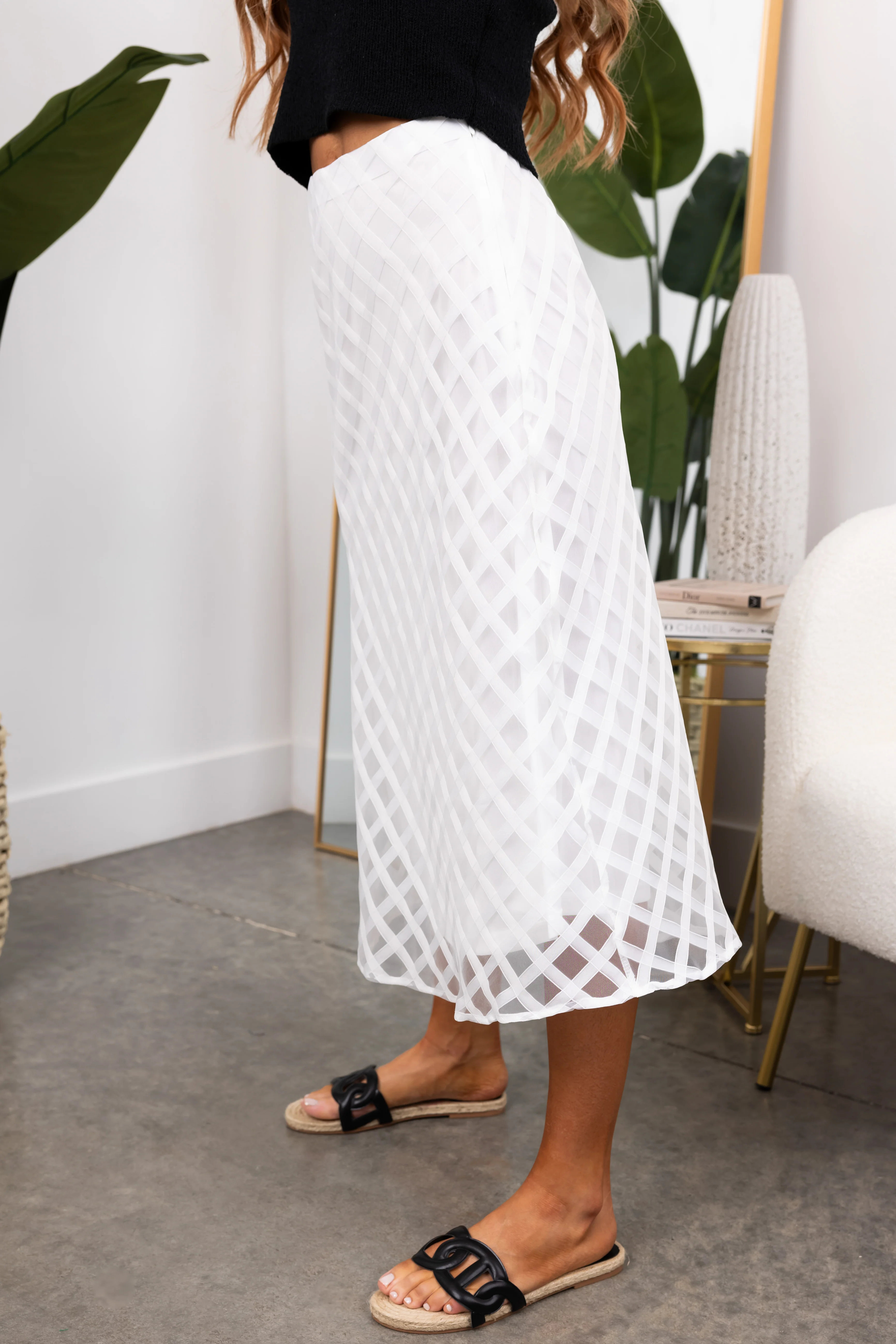 She+Sky White Windowpane Organza Midi Skirt - Image 3