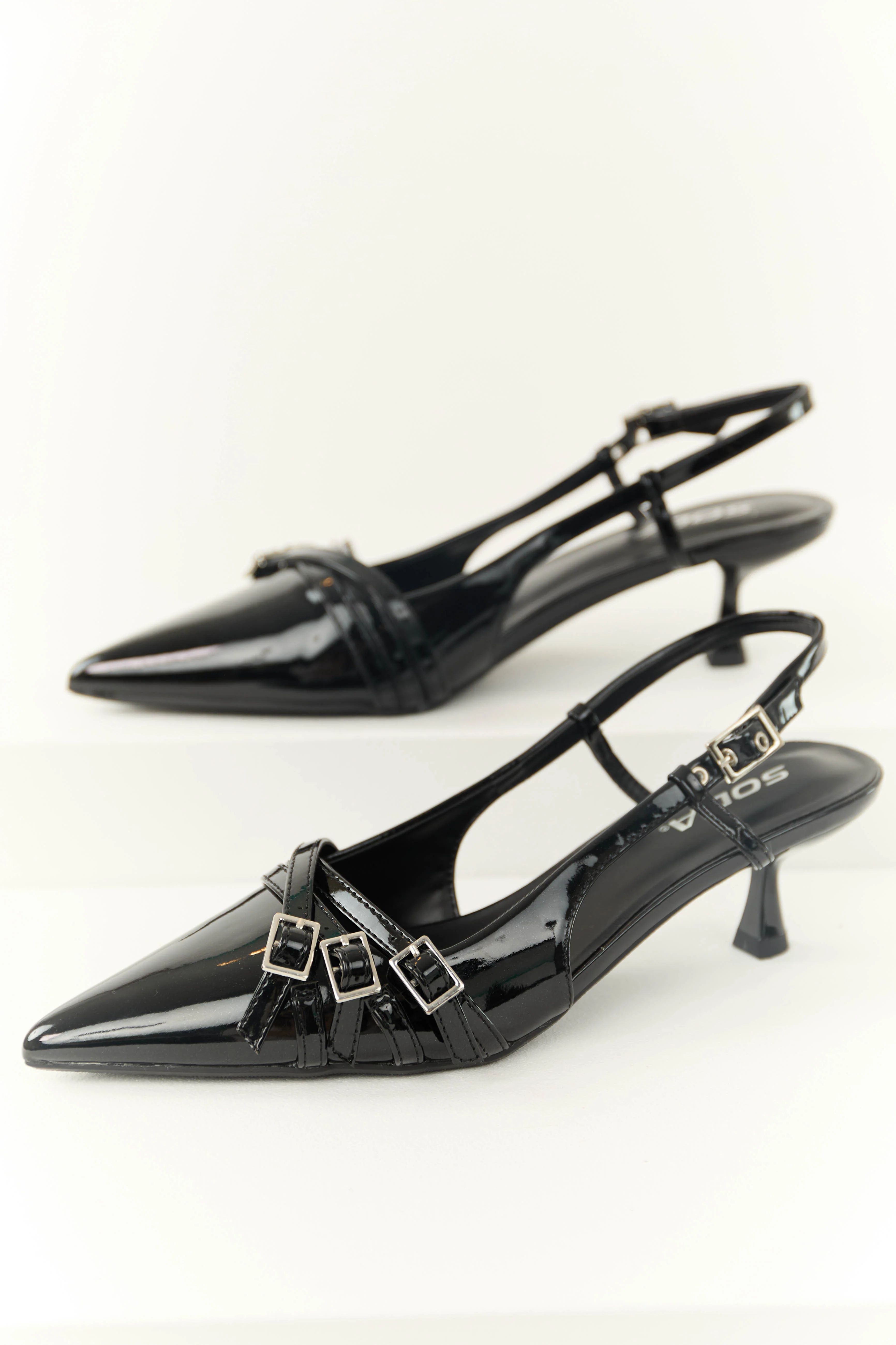 Shiny Black Pointed Toe Sling Back Heels - Image 2